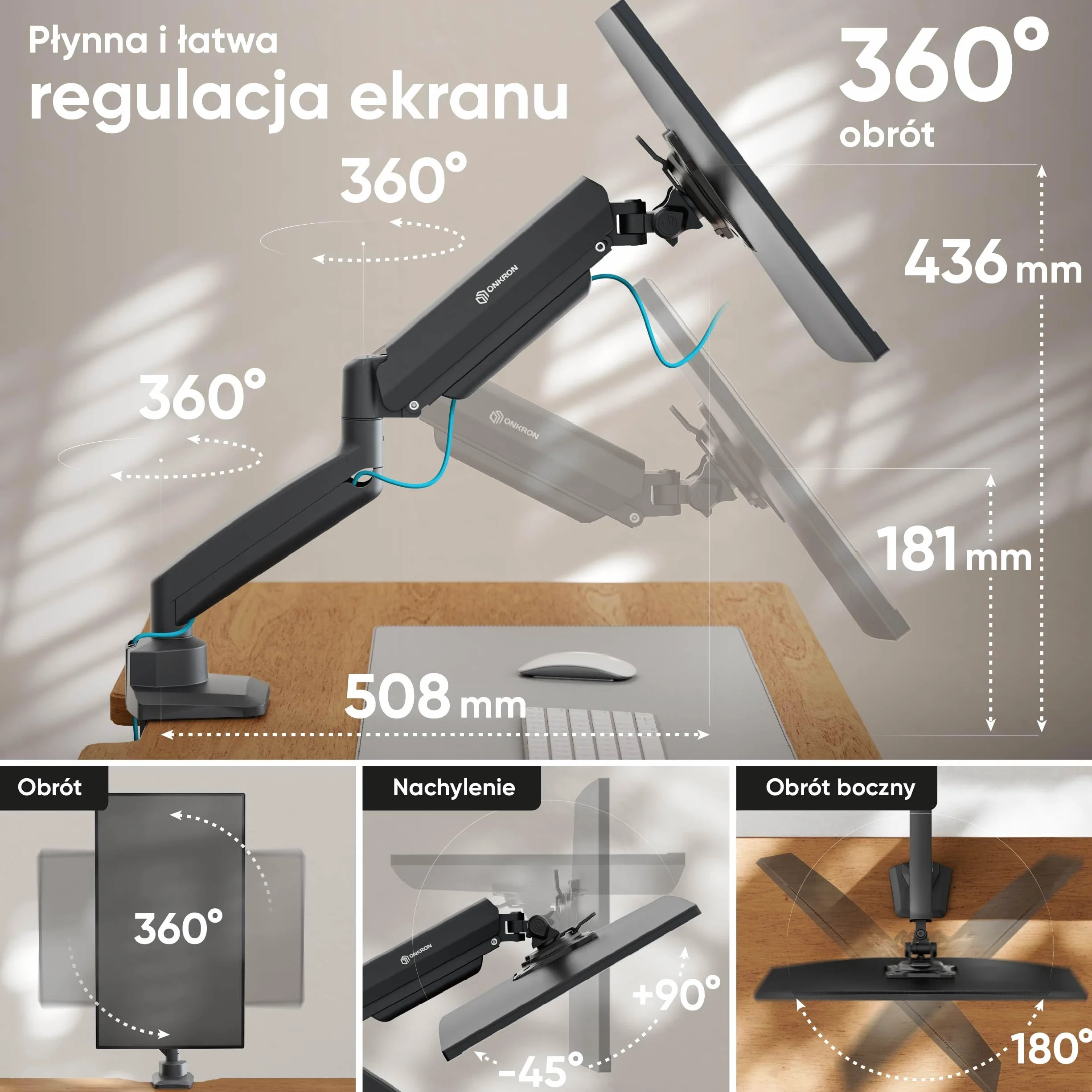 ONKRON Pojedynczy Uchwyt do Monitora 13-32 cale, Udźwig do 10 kg, Ramię do Ekranu na Biurko ze Sprężyną Gazową, VESA 75x75-100x100, Regulacja Wysokości, Obrotowy, Czarny G80-B