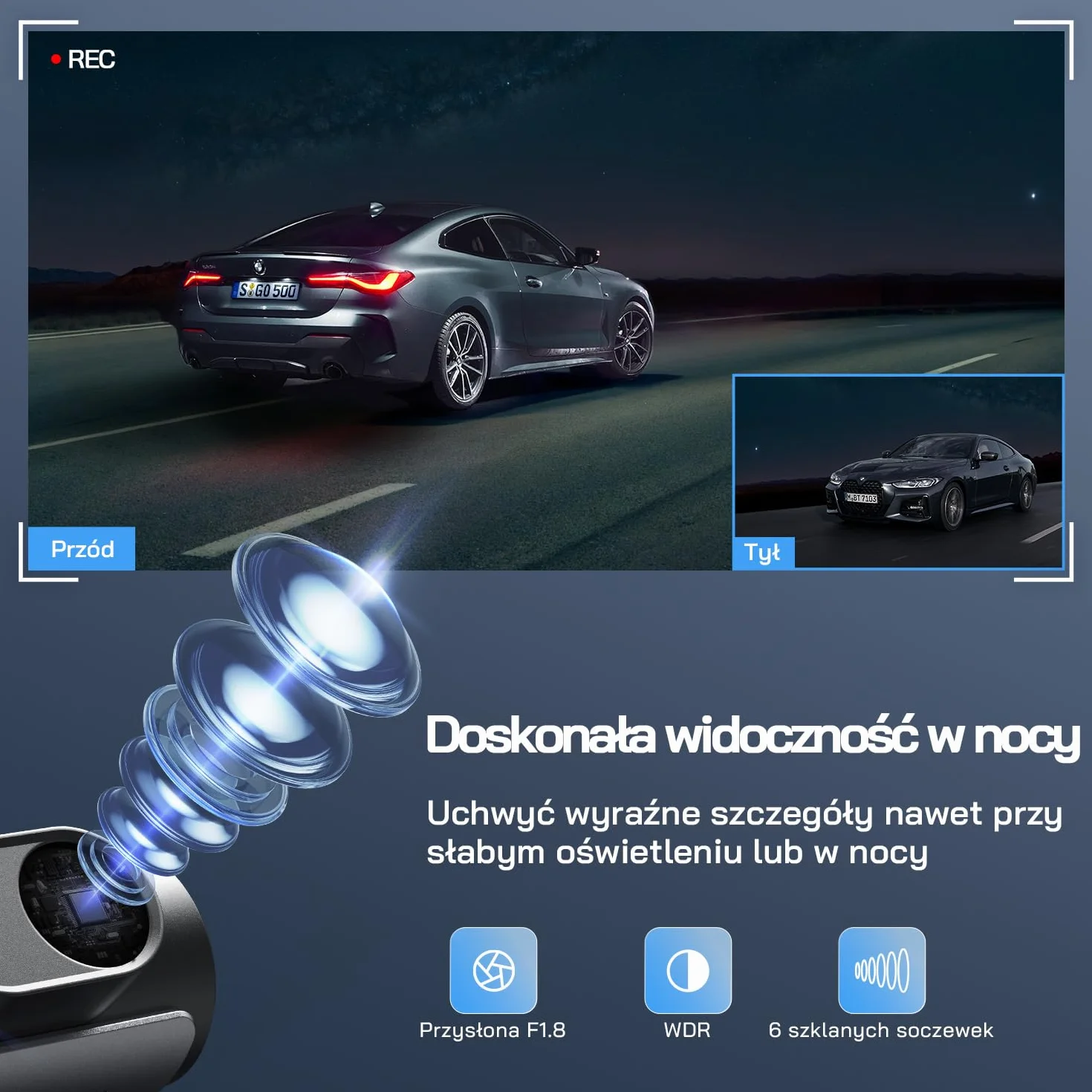 Kamera samochodowa WOLFANG 4K przednia i tylna kamera samochodowa Wi-Fi z kartą SD 32 GB, podwójna kamera samochodowa z noktowizorem, nagrywanie w pętli, czujnik G, szeroki kąt 170, osłona parkowania