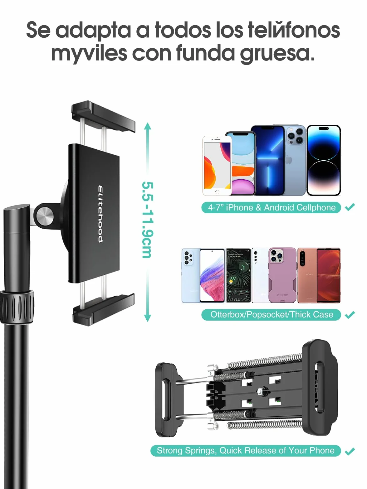 Elitehood Statyw na Telefon 180 cm, Tripod z Regulacją Kąta 360 Stopni, Uchwyt 63 cm