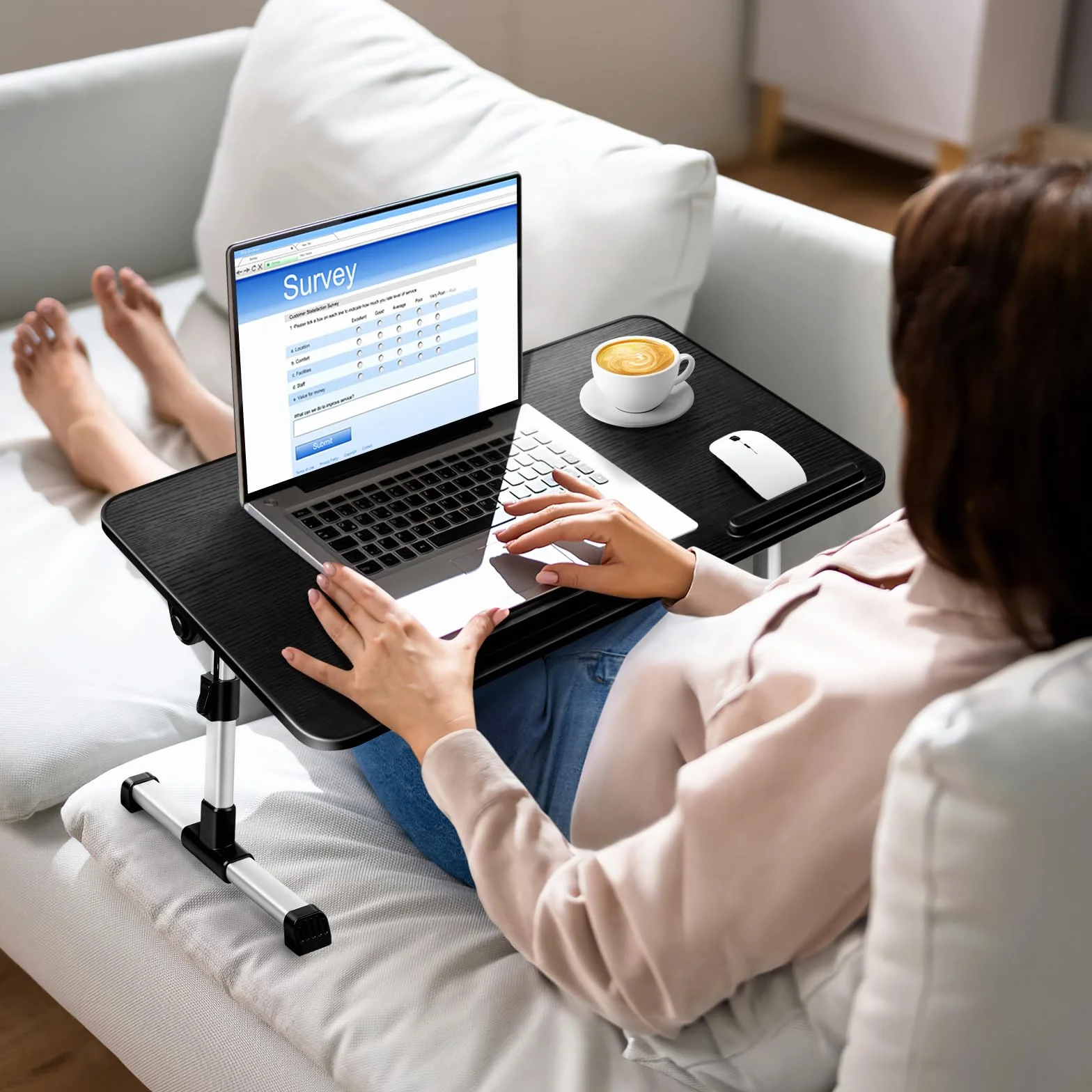 Stolik do Laptopa do łóżka, Regulowana Wysokość i Kąt, Składany, Z Szufladą, Wentylator Chłodzący do Laptopa, Może być Używany w łóżku, na Kanapie, na Podłodze (60 x 34 cm, Czarny)