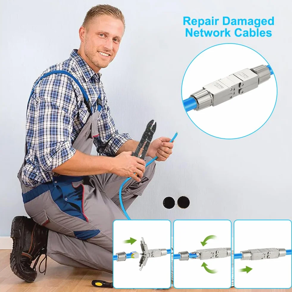 AXFEE 2-pak złączy RJ45, moduł złącza Cat7, złącze Ethernet 8P8C, ekranowany przedłużacz sieciowy, adapter złącza LSA, modułowe złącze wtykowe do kabla Ethernet, 2 szt
