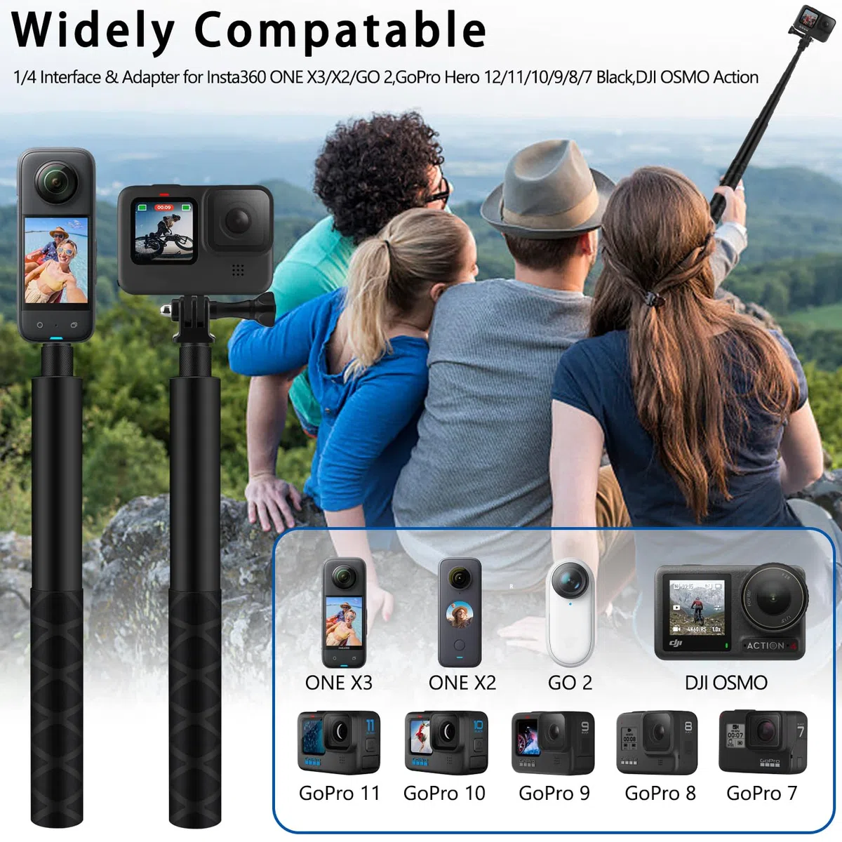 Wiseten 150 cm/59 cali kij do selfie dla Insta360 X5 X4, wysuwany uchwyt do selfie vlog, przenośne akcesoria do GoPro Hero 13-7 czarny, Insta360 X5 X4 X3, DJI Osmo Pocket 3
