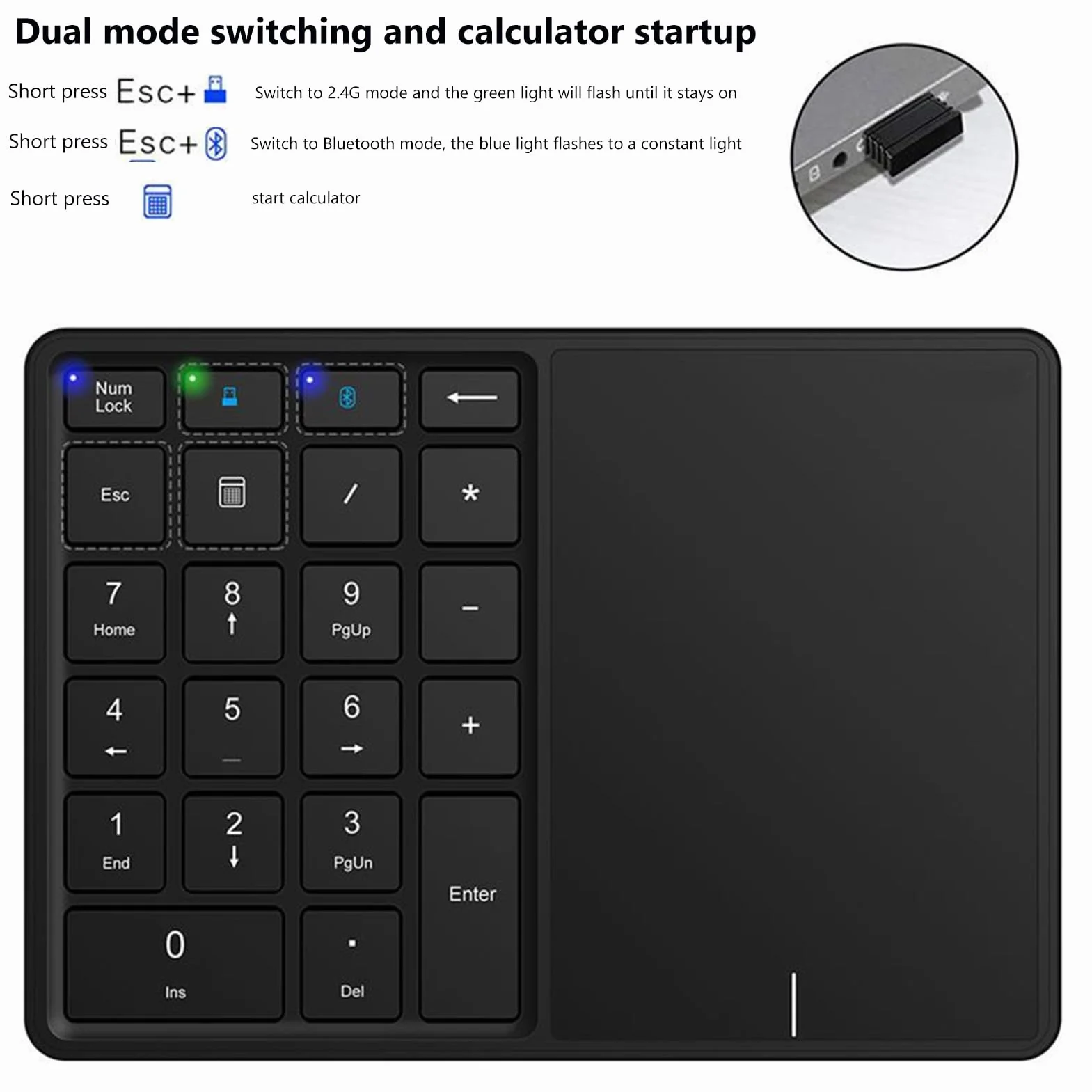 Bezprzewodowa klawiatura numeryczna z touchpadem, blok numeryczny Bluetooth do laptopa, 22 przyciski, bezprzewodowa klawiatura numeryczna BT Dual Mode Numeric Keypad, 2,4 G 2 w 1, przenośna klawiatura