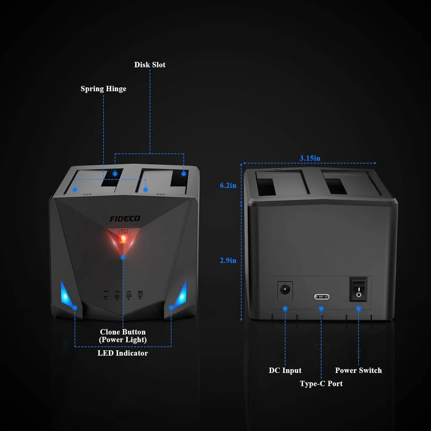 FIDECO Stacje Dokujące do Dysków Twardych, USB 3.2 Gen 1 Zewnętrzny Dysk Twardy Stacja Dokująca dla 2.5''/3.5'' SATA HDD oraz SSD, Stacja Dokująca z Portem Type C, Obsługa Klonowania Offline