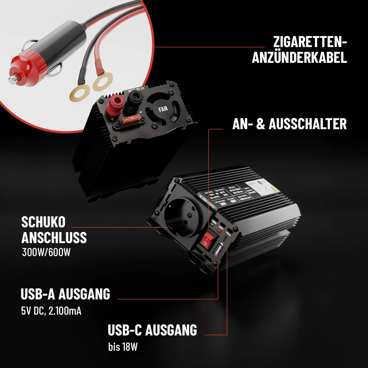 ABSINA Przetwornica napięcia 12 V na 230 V - zmodyfikowany falownik sinusoidalny 12 V na 230 V - inwerter 300 W o mocy szczytowej 600 W