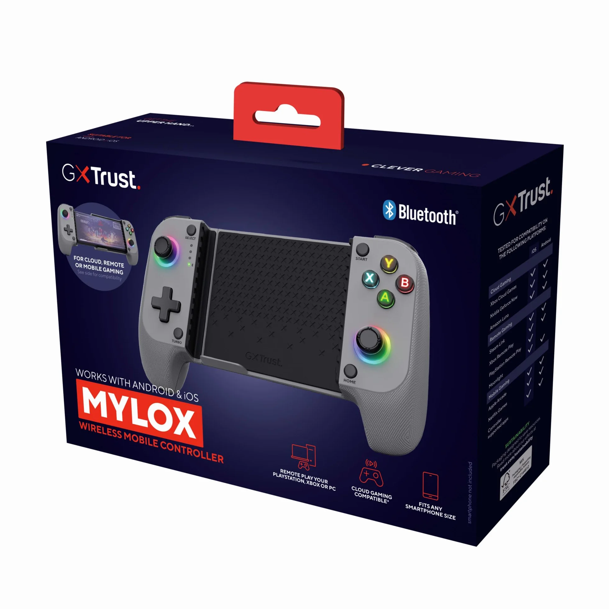 Trust Gaming GXTrust 735G Mylox Kontroler do Gier z Uchwytem na Telefon iPhone Android PS5 Xbox, Akumulator do 12h, Gamepad Bluetooth do Smartfona, Podświetlenie LED RGB, 18 Przycisków, Szary