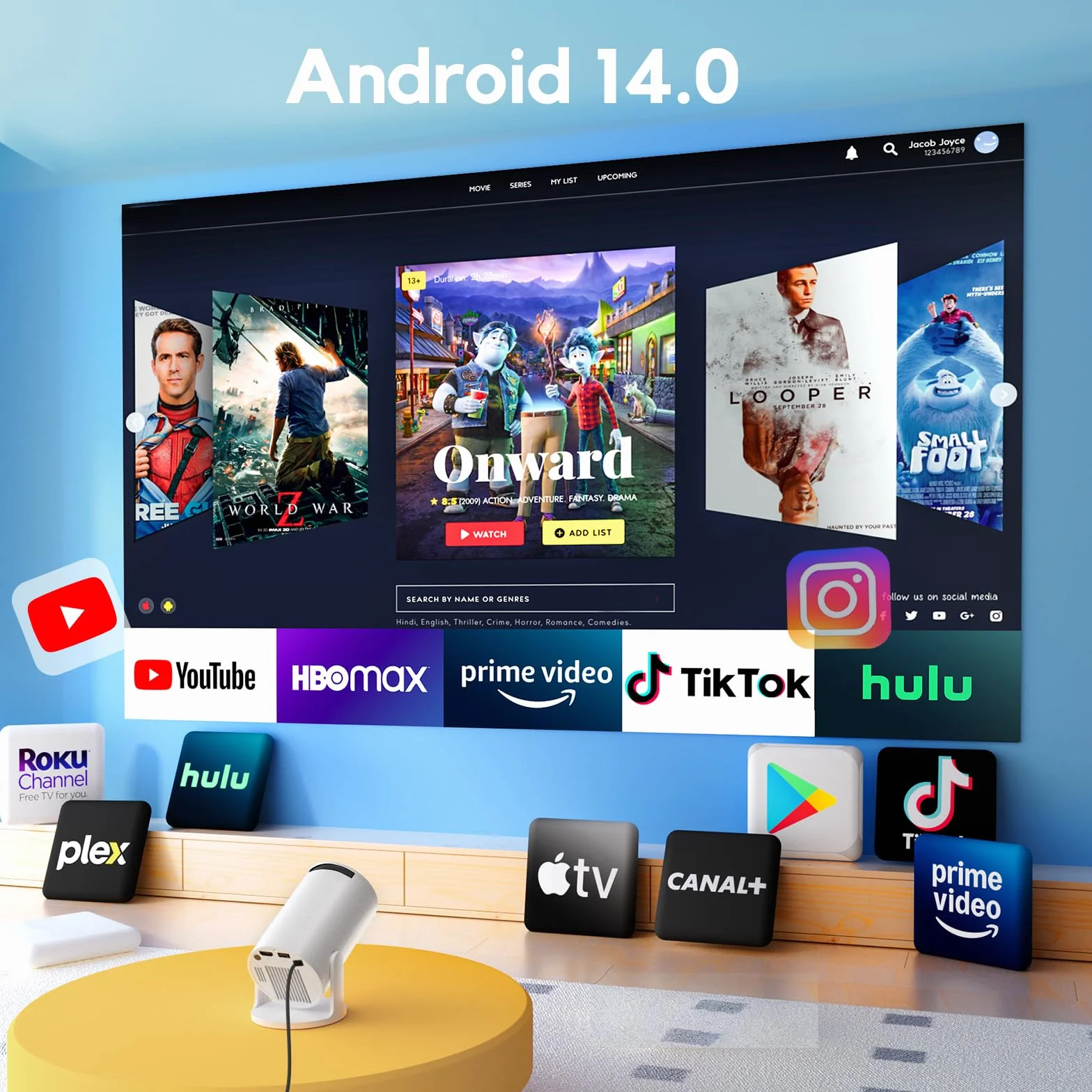 Mini Projektor [Wbudowane Aplikacje] AKIYO O2 projektor o jasności 18 000 luksów z WiFi6 i BT5.4, obsługujący rozdzielczość 1080P, automatyczny keystone, obrót o 180°, kompatybilny z HDMI/USB/Laptopem