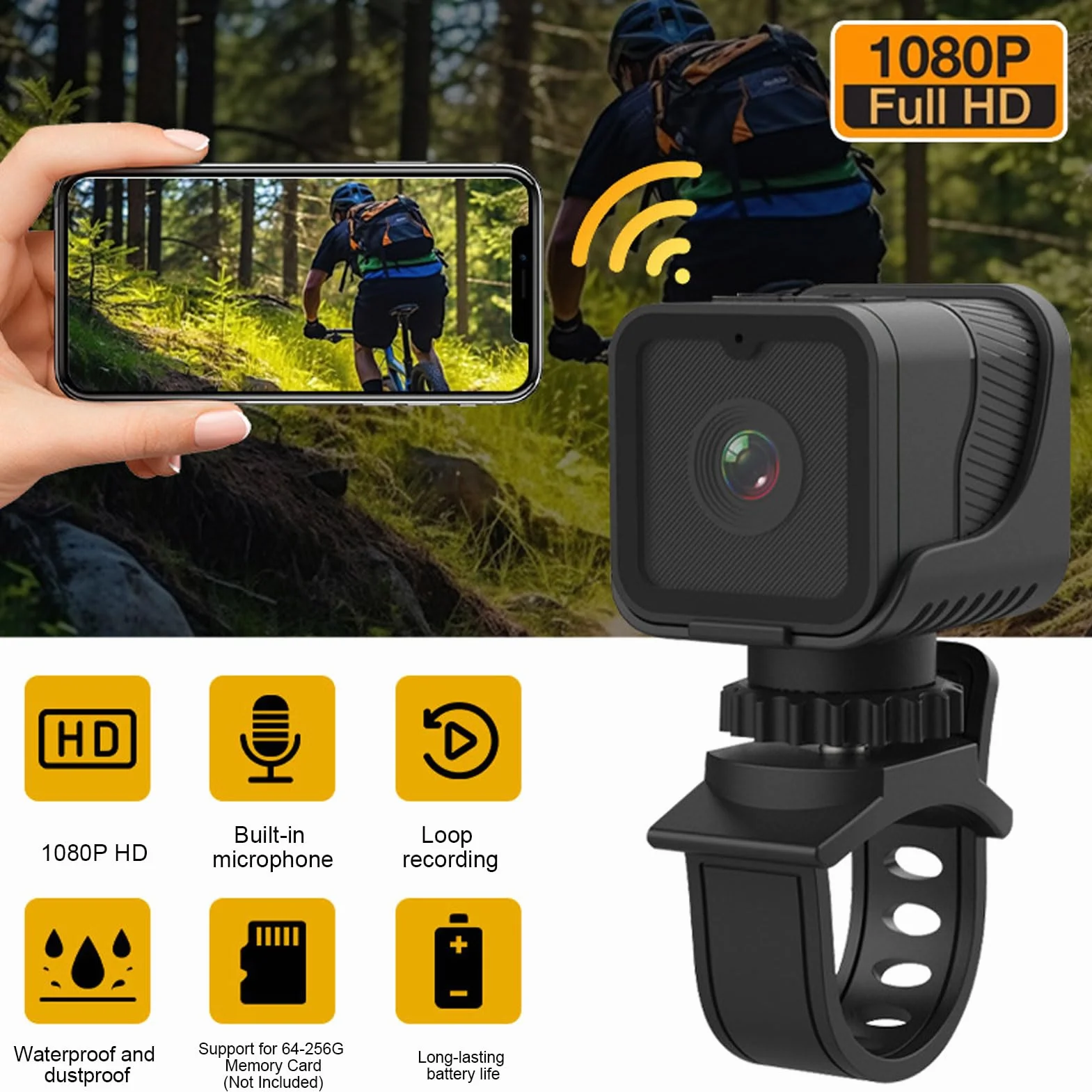 Kamera sportowa Ultra HD 1080P WiFi, szerokokątna kamera sportowa 120°, akcesoria do nagrywania w pętli, zestaw akcesoriów do kasków i akcesoriów rowerowych itp.