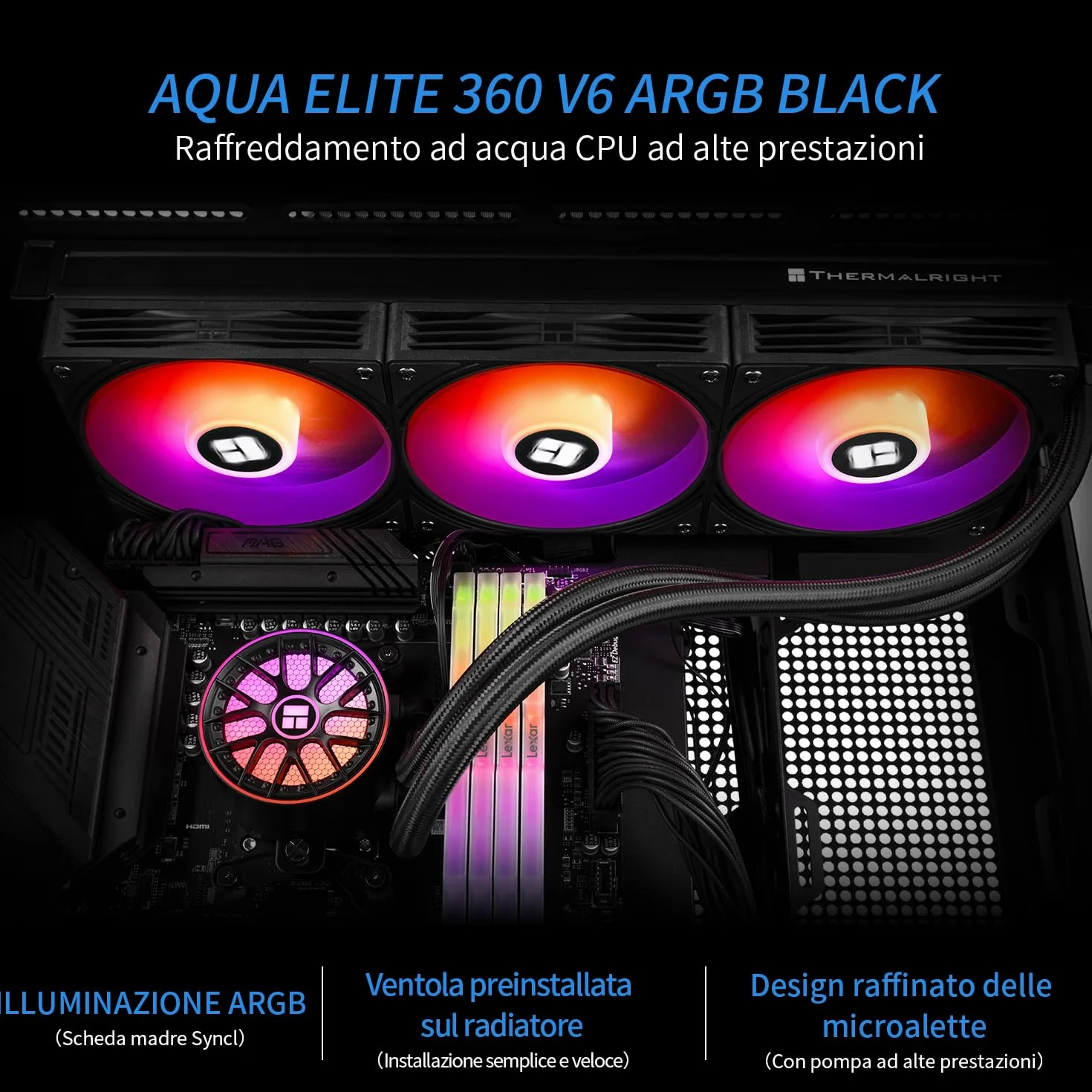 TR -AQUA ELITE 360 V6 ARGB BLACK CPU Cooler cieczy, 360 rzędów chłodzenia, 3x120mm Chłodnica wodna, AMAM: AM4/AM5, Intel LGA115X/1200/2011/1700/1851, Chłodnica procesora AIO