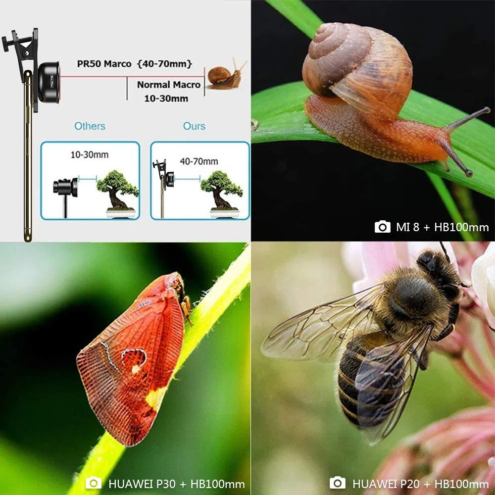 APEXEL Lente Macro HD de 100mm com Clip para Câmara de Telemóvel, compatível com iPhone X/8/8 Plus/7 Plus, Samsung Galaxy S10/S10 Plus, Huawei e a maioria dos smartphones