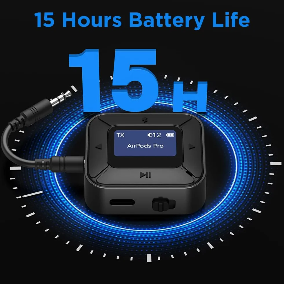 Nadajnik Bluetooth 5.3, odbiornik audio 2 w 1, adapter audio z gniazdem AUX 3,5 mm do samolotu, telewizora, systemu stereo, samochodu – niskie opóźnienie, ekran na 2 słuchawki, słuchawki