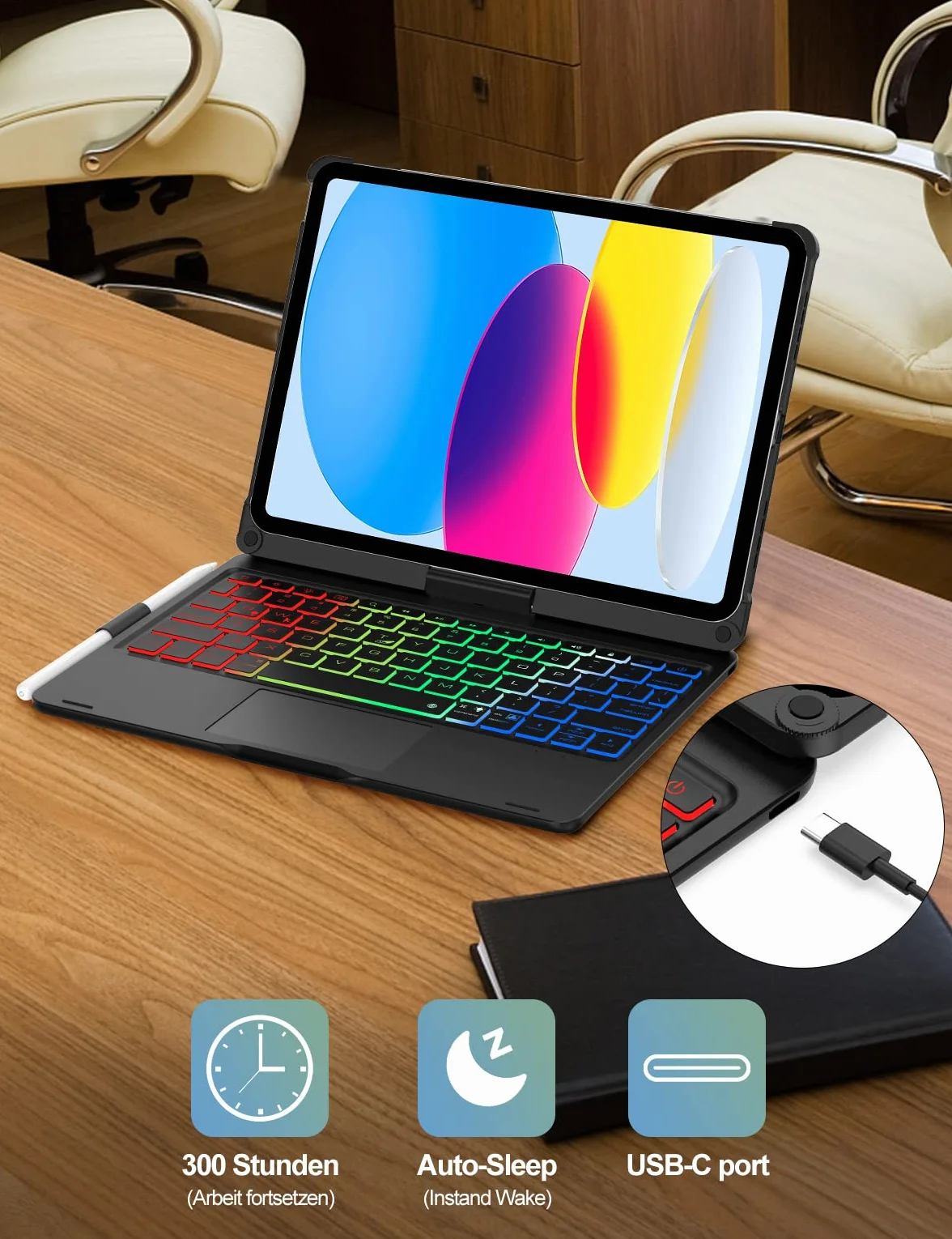 JADEMALL Etui na iPad 11 generacji A16 z klawiaturą, 7 kolorów, podświetlana, bezprzewodowa, zdejmowana klawiatura, elastyczne etui TPU z uchwytem na rysik do nowego iPada 10./11. generacji