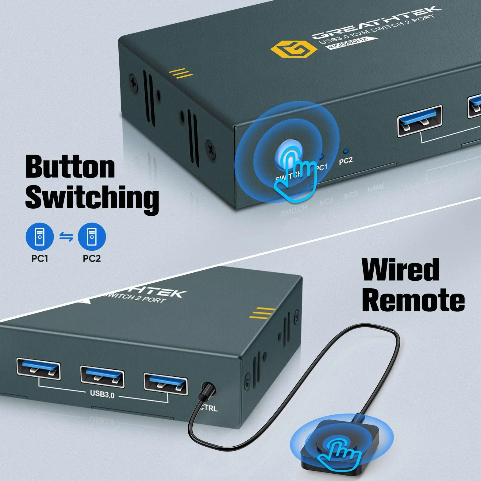 Przełącznik usb 3.0 KVM HDMI 2 porty 4K 60 Hz, przełączniki KVM do 2 monitorów PC, 1 z 3 portami USB 3.0, HDMI2.0, HDCP2.2, obsługa funkcji EDID, w zestawie 2 kable