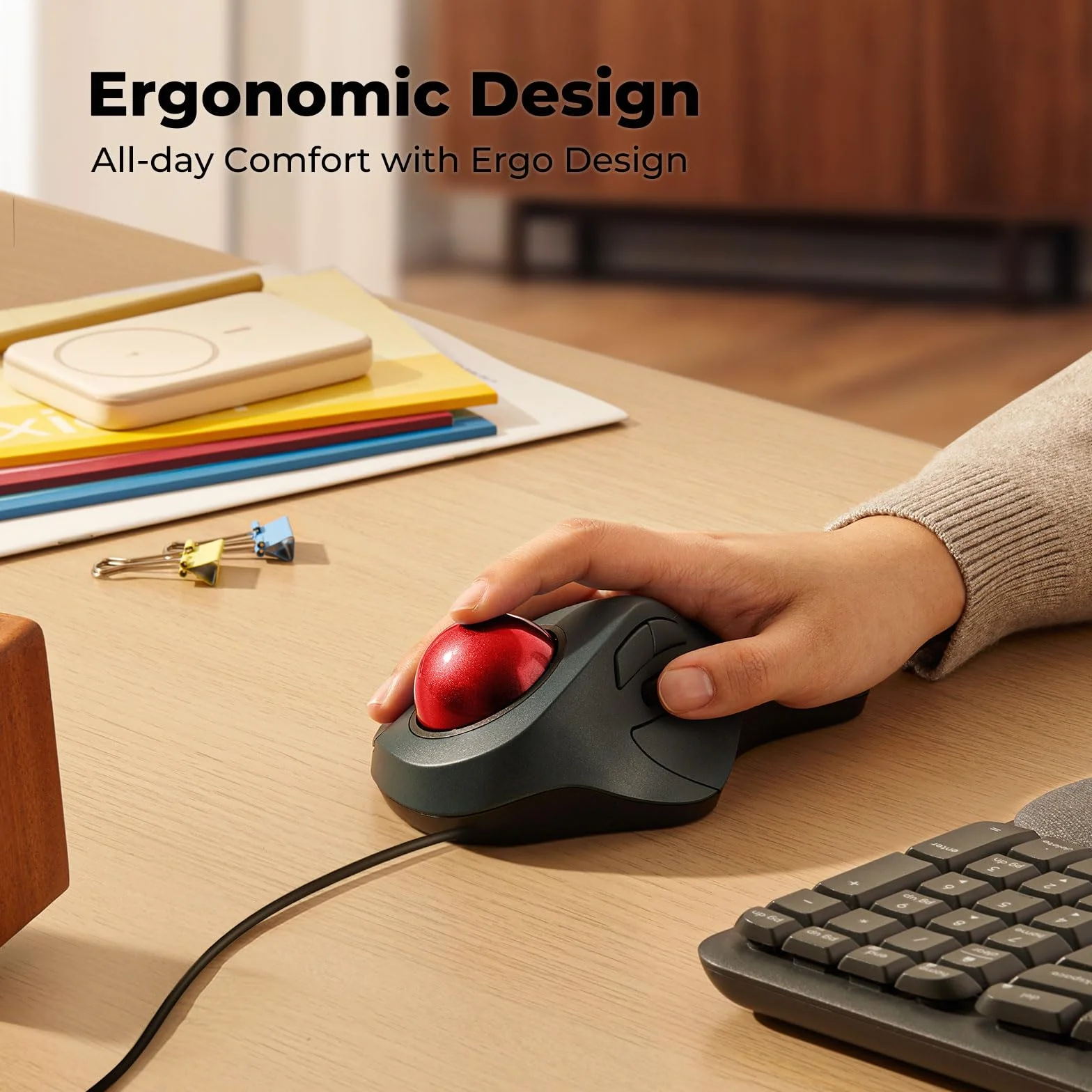 Przewodowa mysz Trackball, łatwe sterowanie palcem wskazującym, ergonomiczna wygodna konstrukcja zmniejsza obciążenie mięśni, precyzyjne i płynne śledzenie, kompatybilna z komputerami PC