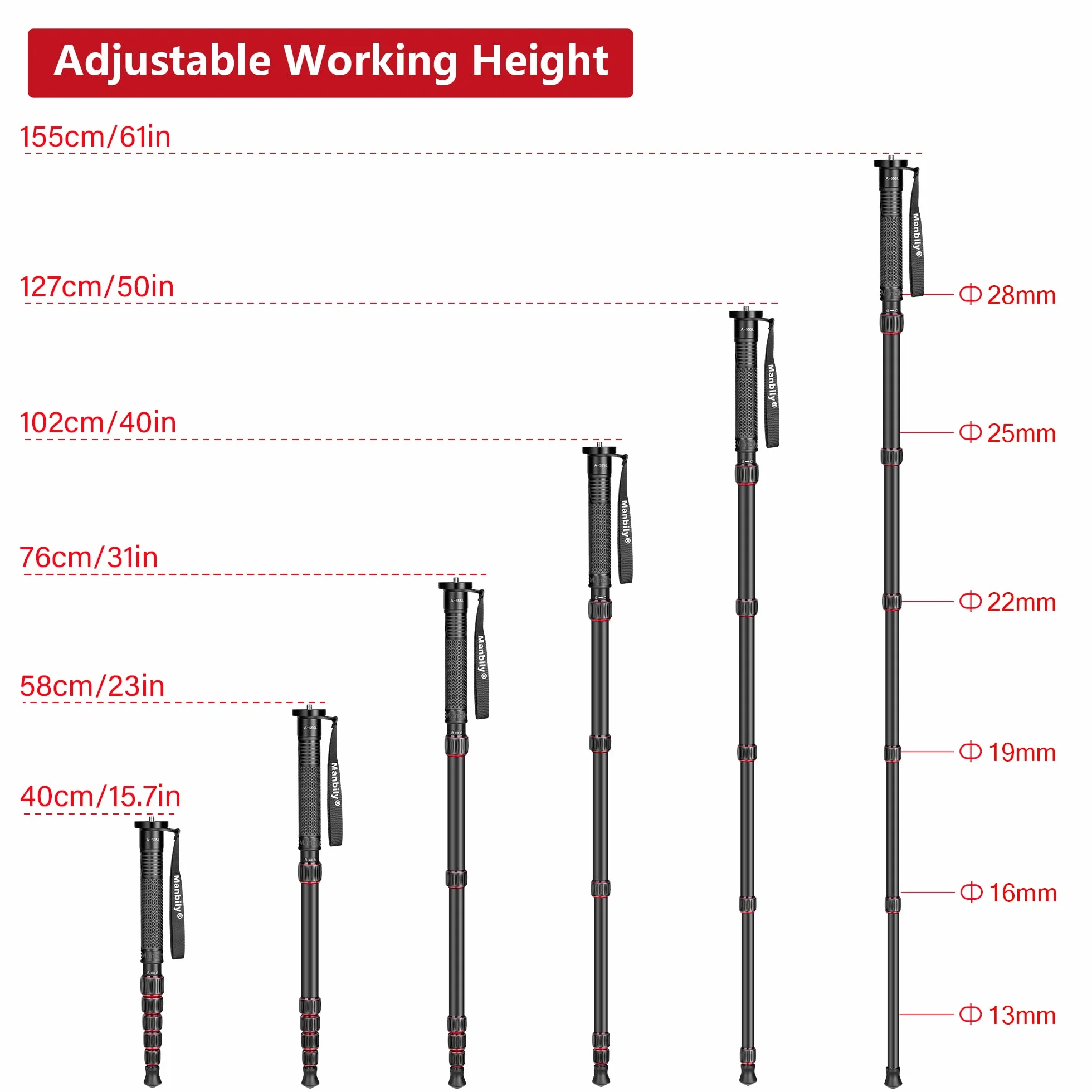 Manbily Monopody do aparatów z uchwytem, monopod, laska, 155 cm, przenośny, kompaktowy, podróżny, monopod ze stopu aluminium, kij do selfie, 6 sekcji, 7 kg, do lustrzanki cyfrowej, kamery wideo