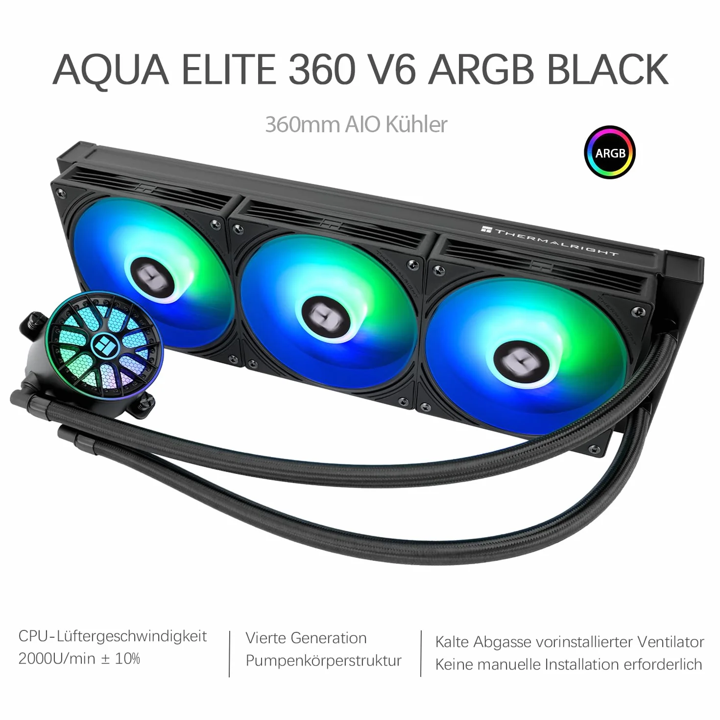 Thermalright AQUA ELITE 360 V6 ARGB Black Liquid CPU Kühler, 360mm AIO, 3x PWM-ARGB, AMD AM4/AM5, Intel LGA1851/1700/115x/1200