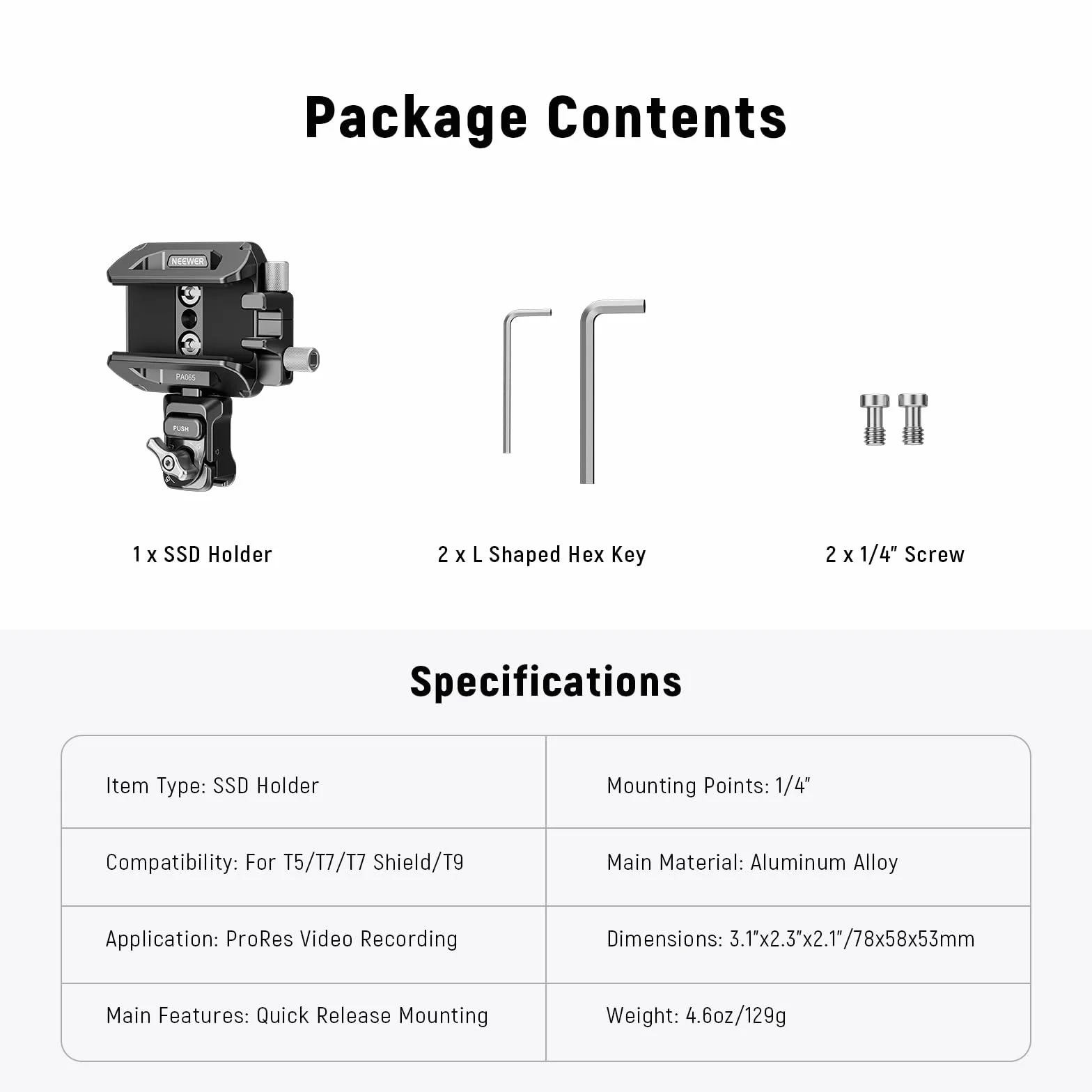 NEEWER Uchwyt SSD 40-65 mm Quick Release Kompatybilny z SmallRig dla 16 Pro Max 15 Pro Max Samsung S24 Ultra T9 T7 T5 SanDisk PA065