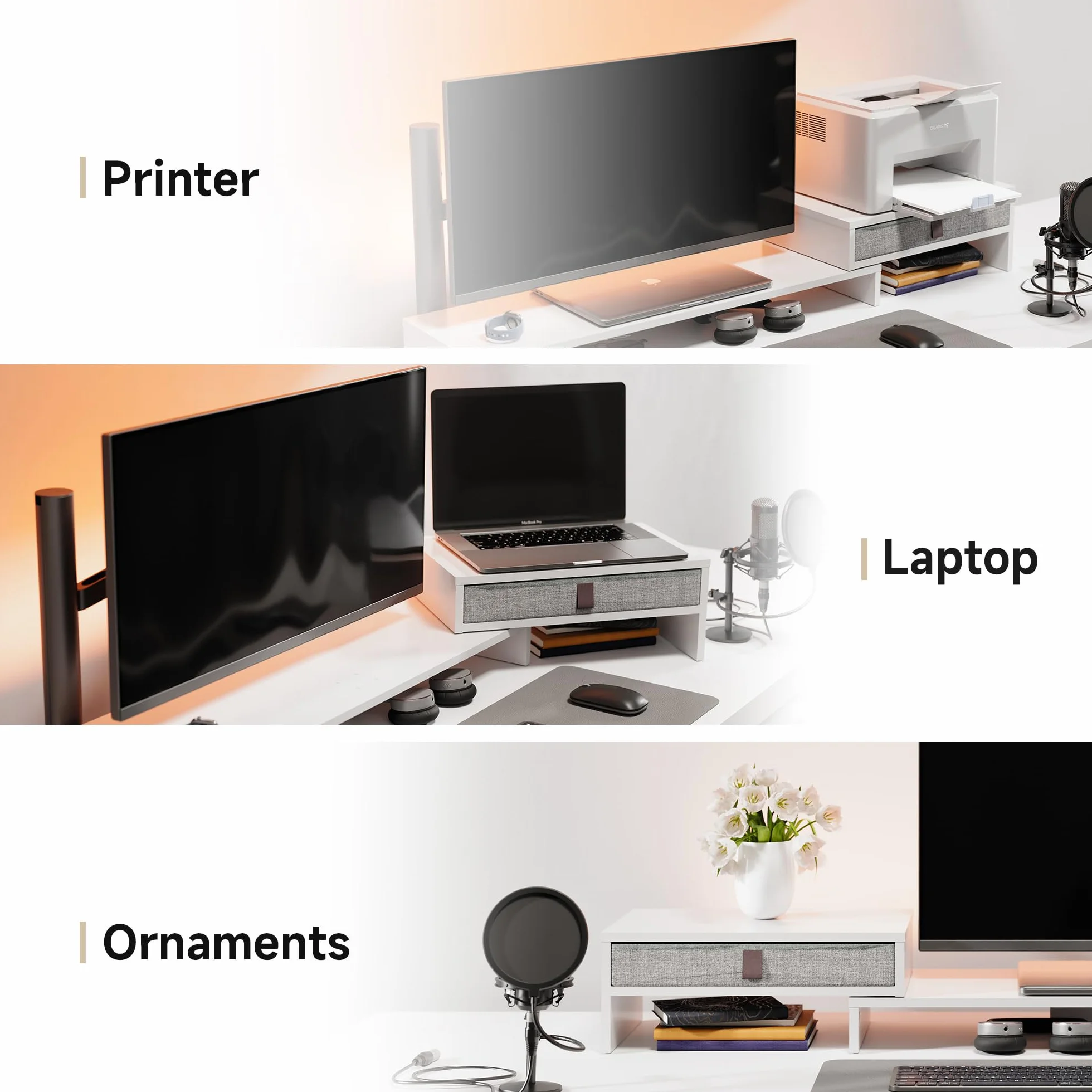 Fenge Podstawka pod dwa monitory z szufladą dla komputera PC, laptopa, drukarki, podnośnik do monitora, regulowana długość i kąt, 78,3-113x23,5x7,3 cm, biały