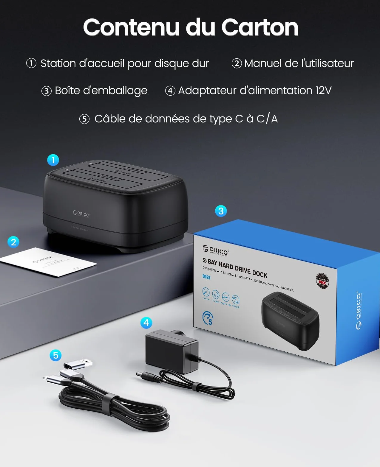 ORICO Stacja dokująca do dysków twardych z dwoma kieszeniami USB 3.2 Gen 1, obudowa dysku twardego do wszystkich standardowych dysków twardych 2,5" i 3,5" HDD/SSD do 2 x 20 TB z zasilaczem 12 V 3 A