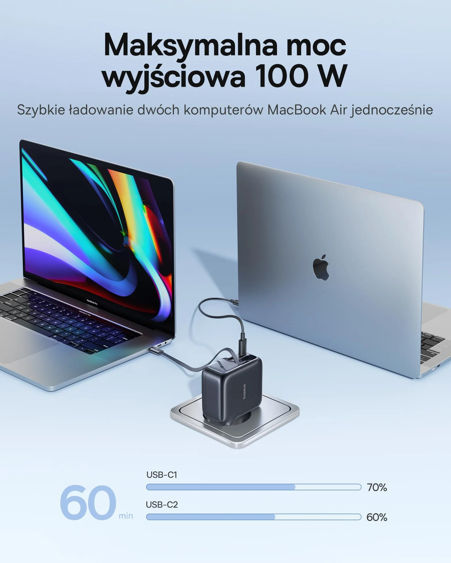 Baseus Enercore Ładowarka USB C 100 W z przedłużanym kablem, 3 porty GaN, szybka ładowarka PD, kompatybilna z MacBook Pro Air, Dell, HP, iPad, iPhone 17/16/15/14/13Pro Max Galaxy S25/24Ultra