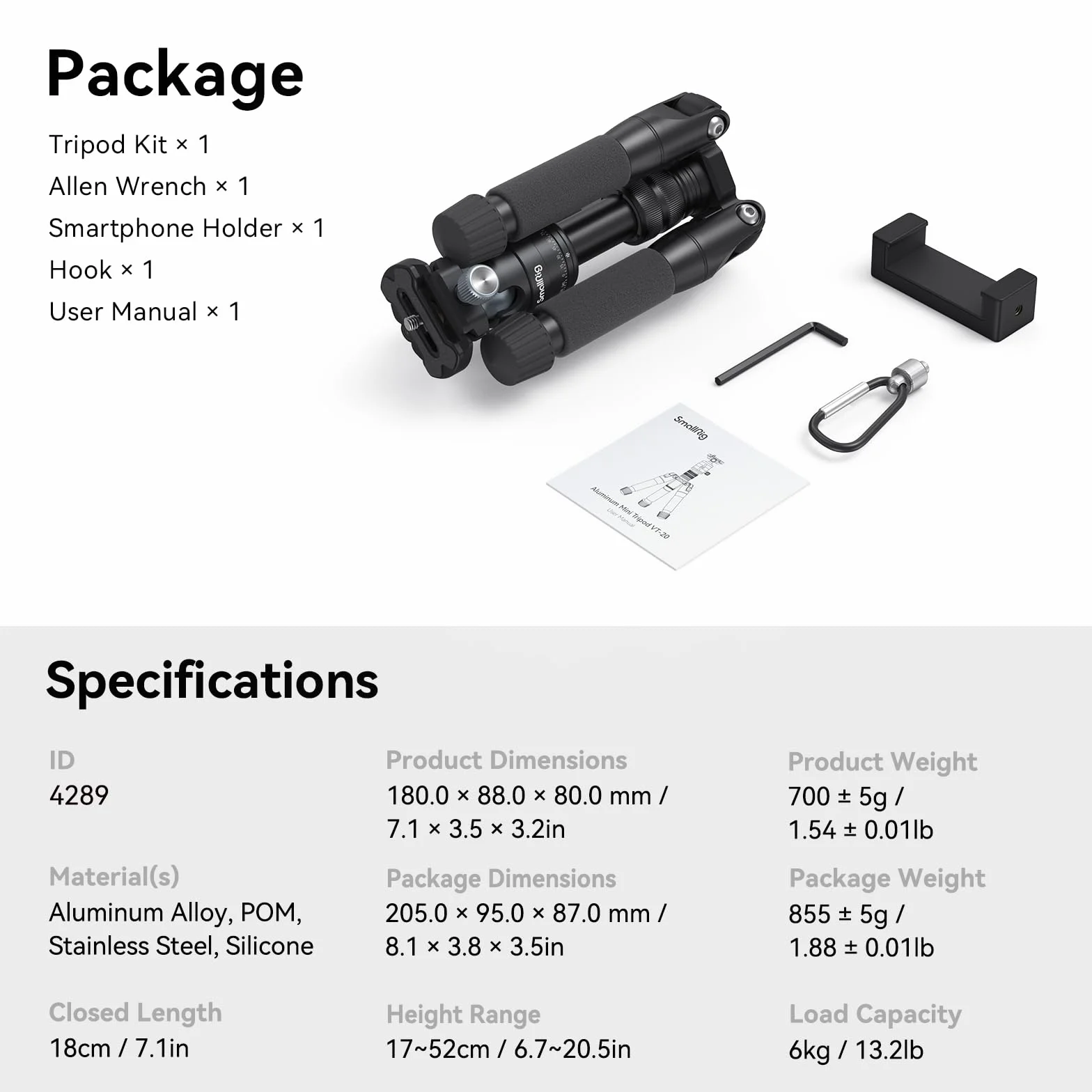 SMALLRIG Statyw Aluminiowy Mini 52cm z Głowicą Kulową 360° 6kg 4289