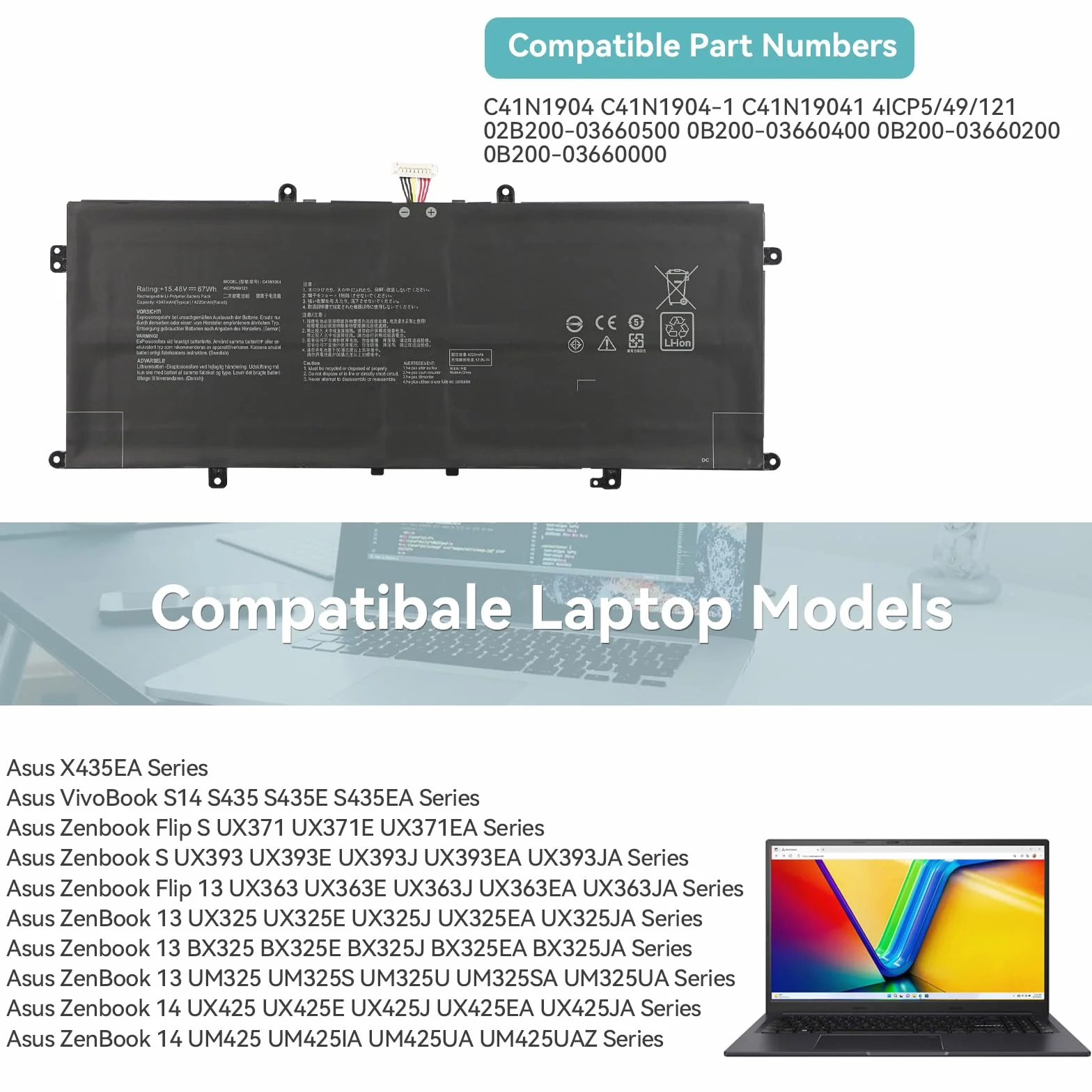 C41N1904 Laptop Bateria do Asus Zenbook Flip 13 14 UX363EA UX363JA UX393EA UX393JA UX325EA UX325JA UX425EA UX425JA UM425IA X435EA BX325EA BX325JA UM325SA UM325UA S UX371EA VivoBook S14 S435 S435EA