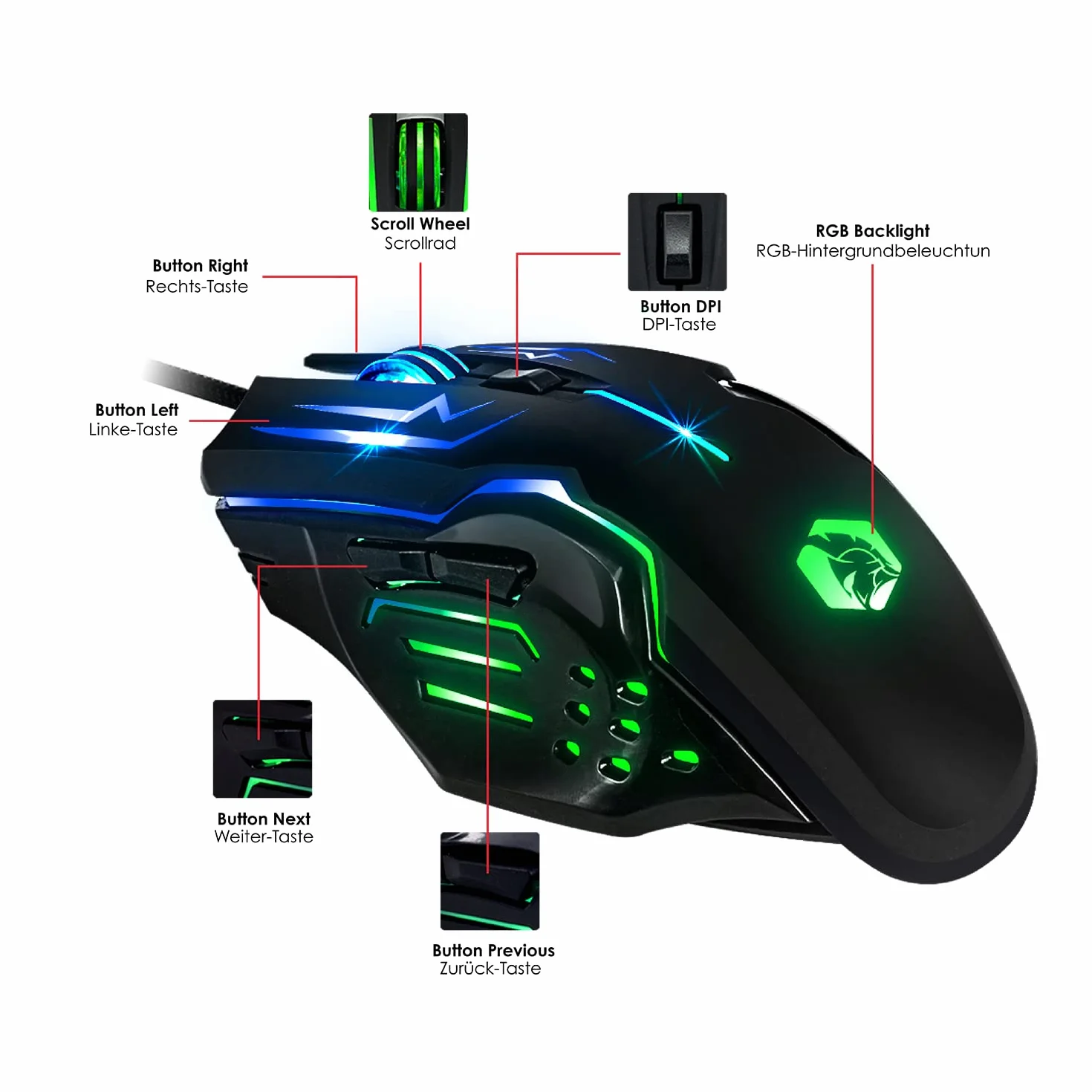EMPIRE GAMING - Zestaw 3 w 1 MK800 - klawiatura do gier QWERTZ Niemiecka RGB 105 klawiszy 19 klawiszy Anti-Ghosting - Ergonomiczna mysz do gier RGB 2400 DPI - podkładka pod mysz - PC PS4 PS5 Xbox One