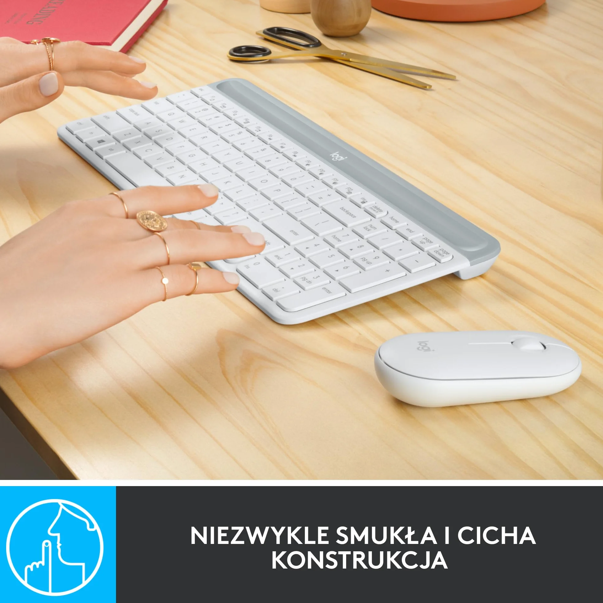 Logitech MK470 Smukła klawiatura i mysz bezprzewodowa, bardzo cicha, odbiornik USB 2,4 GHz, QWERTY US Intl - Biały