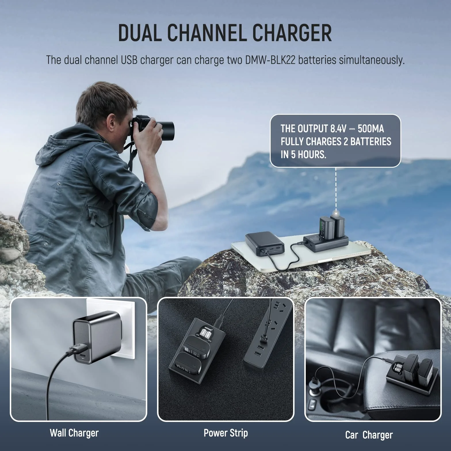 NEEWER Zapasowy zestaw akumulatorów i ładowarek do DMW-BLK22, kompatybilny z Panasonic Lumix DC-S5 GH5 II S5 II GH6 S5 IIX S9, 2 baterie 2400 mAh i dwukanałowa ładowarka USB typu C