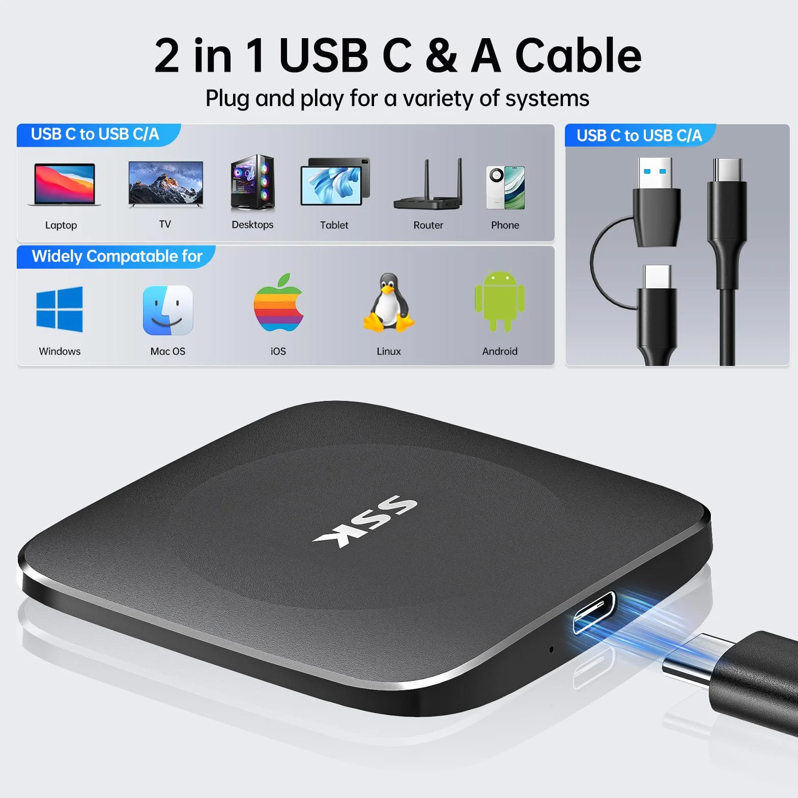 SSK 256GB Portable SSD up to 500MB/s,External Solid State Drive Type-C + USB A Fast External Hard Drive