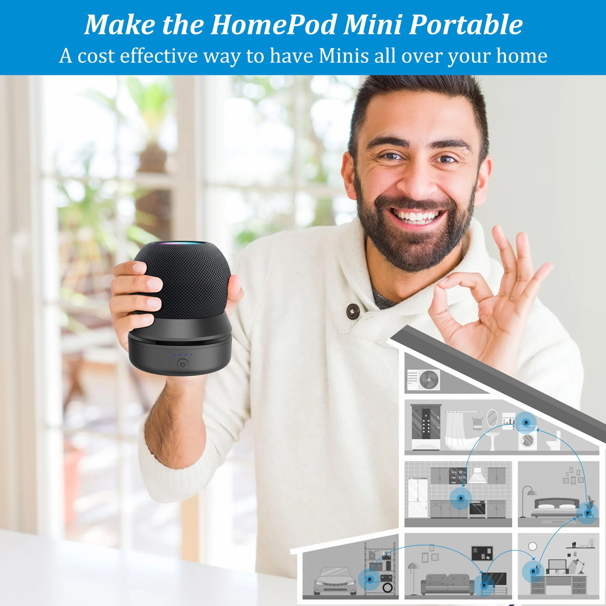 PlusAcc Akumulator kompatybilny z HomePod Mini – stojak na baterie, Home Pod Mini, akcesoria, stacja akumulatorowa z wbudowanym zarządzaniem kablami (bez urządzeń), czarny