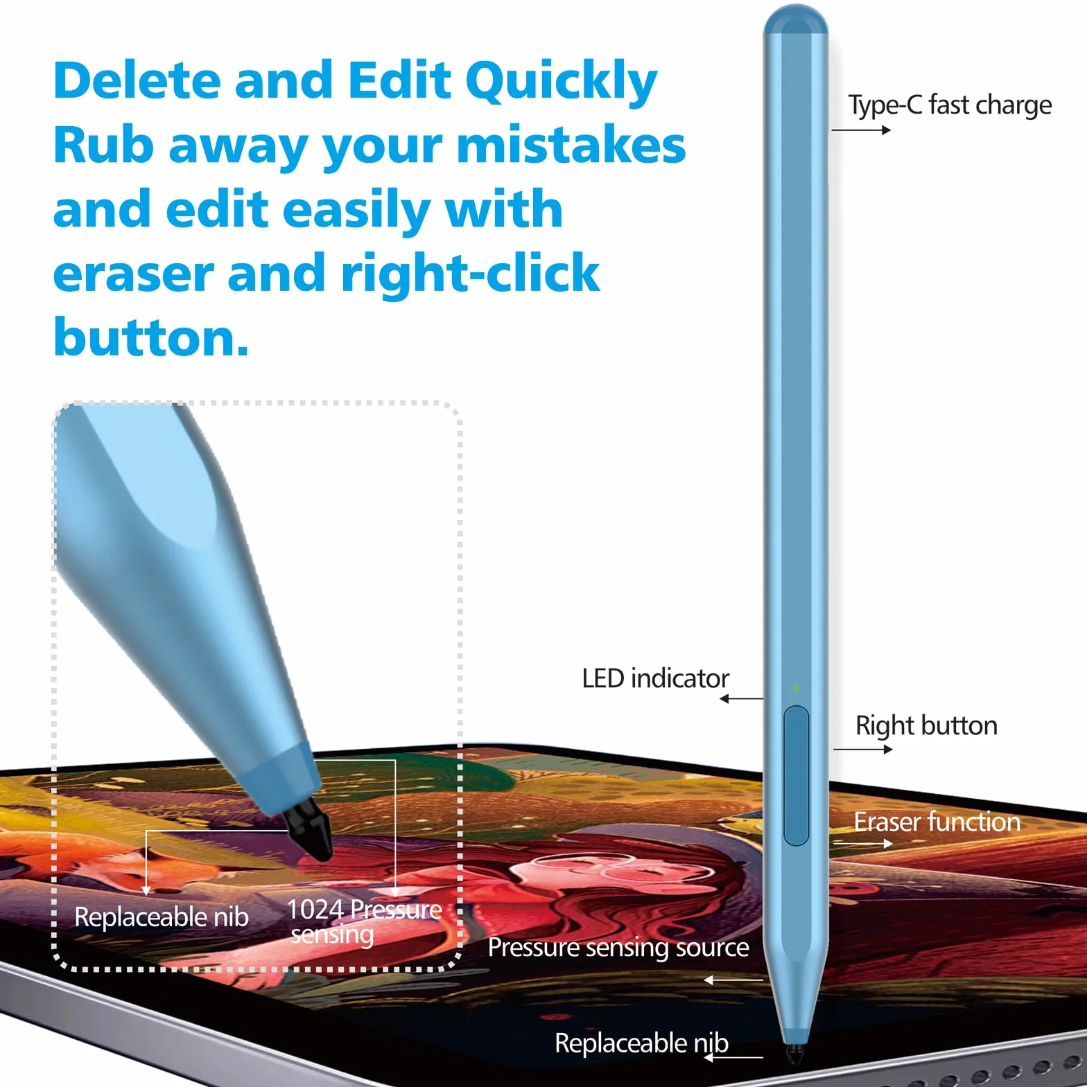 Rysik do Microsoft Surface Pro11/10/9/8/X/7+/6/5/4/3,Surface Go 4/3/3/2/1,Surface Laptop 1-6/Studio/Book 3/2/1 z Bocznym Przyciskiem Gumki,Odrzuceniem Dłoni,Funkcją Pochylenia,Naciskiem 1024 (Blue)