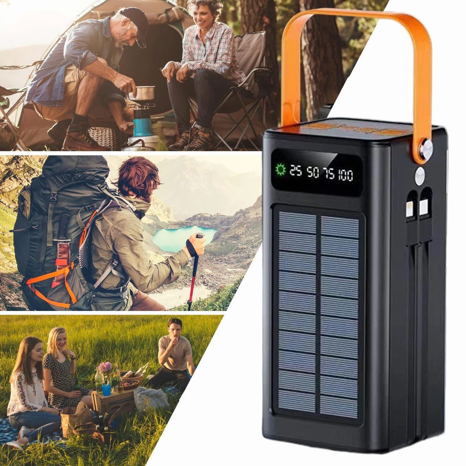 Ładowarka solarna do smartfonów | szybka ładowarka 120 W, 50 000 mAh, wyposażenie survivalowe ze światłem, 4 wyjścia, 3 wejścia, zintegrowany kabel do wszystkich telefonów komórkowych