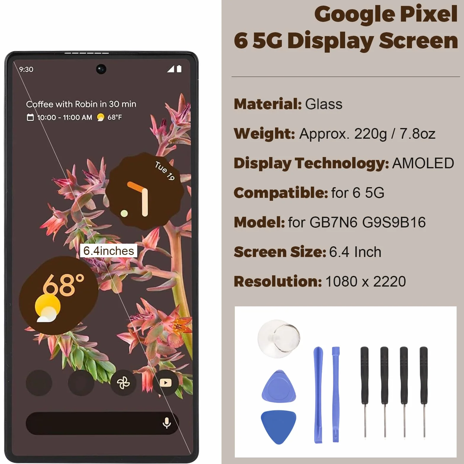Wymiana digitizera ekranu Google Pixel 6 5G, ekran dotykowy z czujnikiem linii papilarnych, wysoka rozdzielczość, części naprawcze z narzędziami