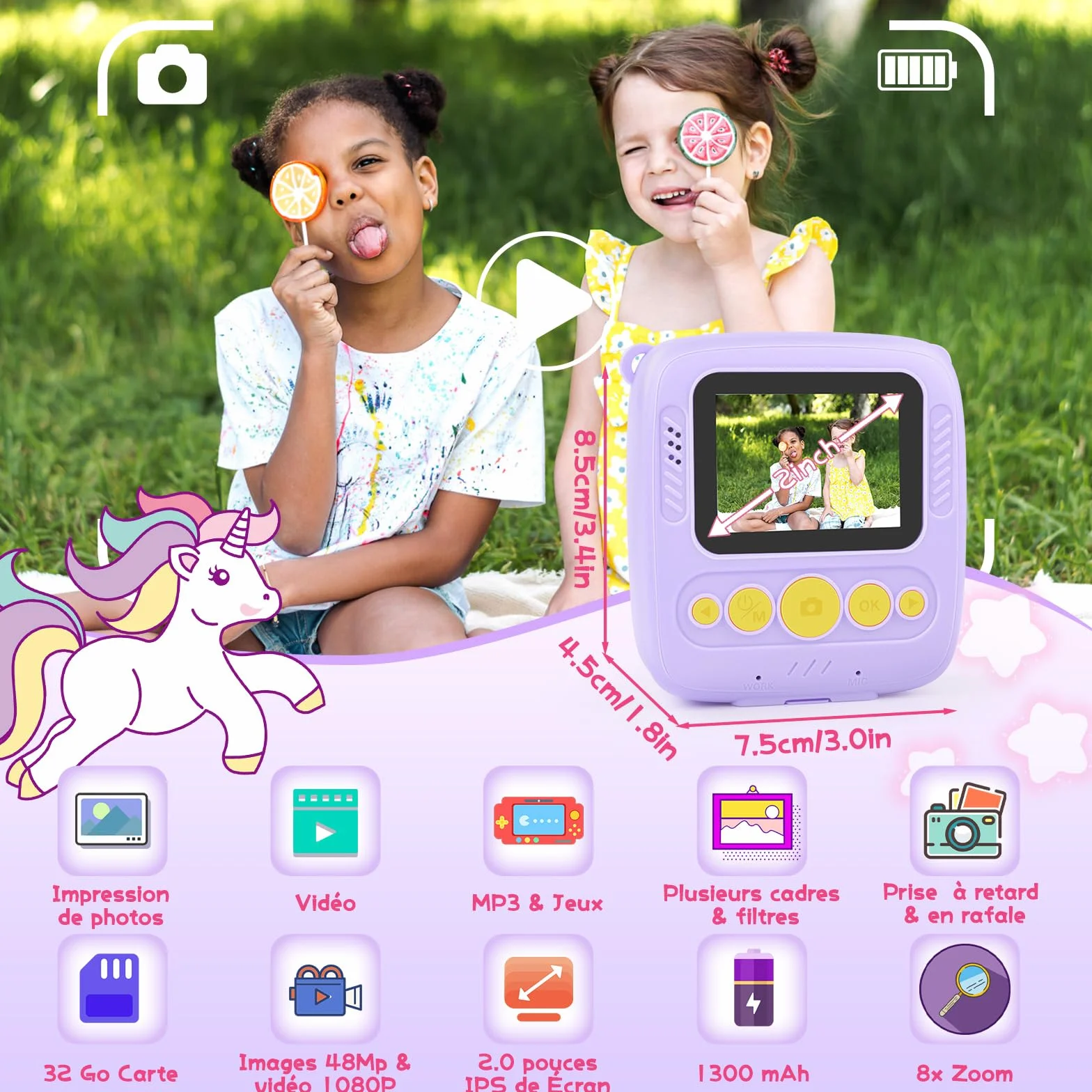 Aparat natychmiastowy dla dzieci, aparat natychmiastowy 48 MP dla dzieci z kartą 32 GB i papierem do drukowania, aparat cyfrowy dla dzieci 1080P, prezent dla chłopców - fioletowy