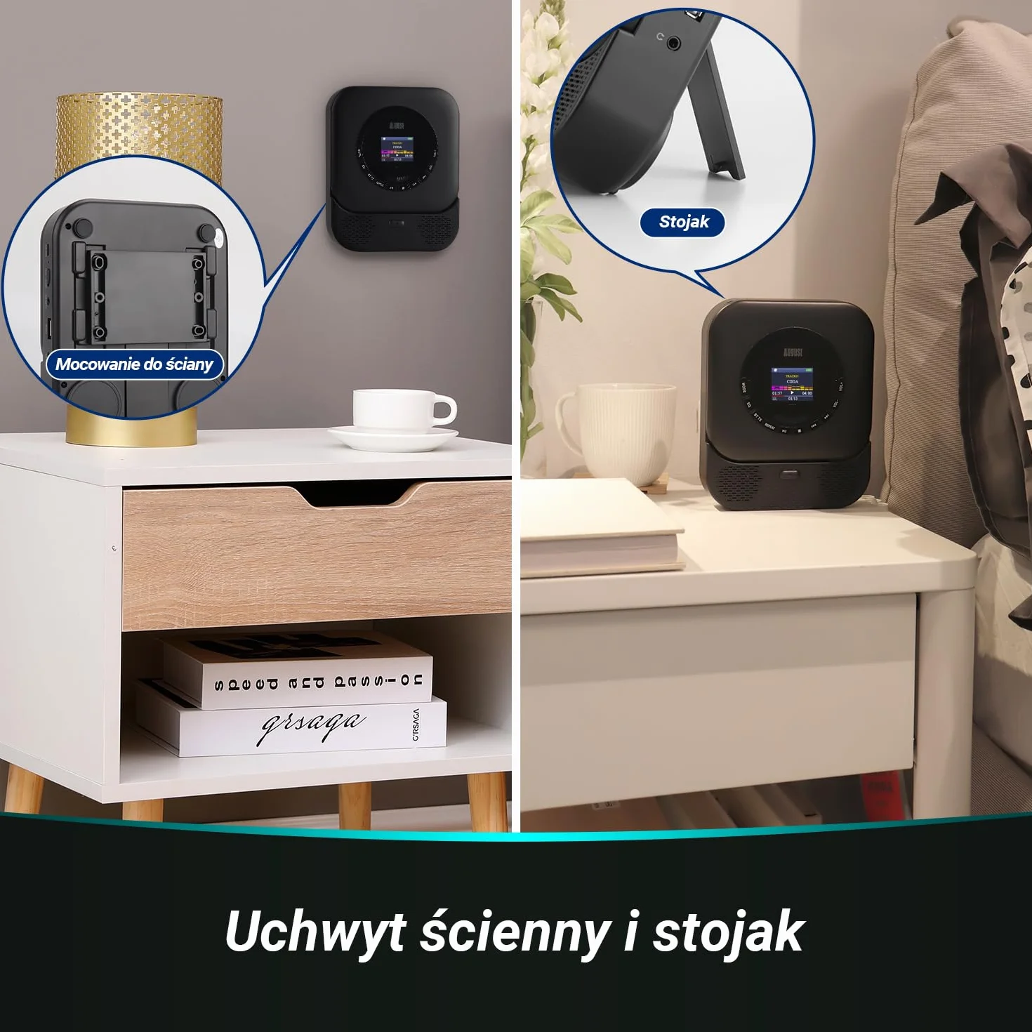August SE15 Przenośny odtwarzacz CD z Bluetooth 5.3,portem USB,AUX 3.5 mm-odtwarzacz CD wbudowaną baterią,korektorem dźwięku,ochroną przed wstrząsam-w zestawie uchwyt ścienny,słuchawki i pilot