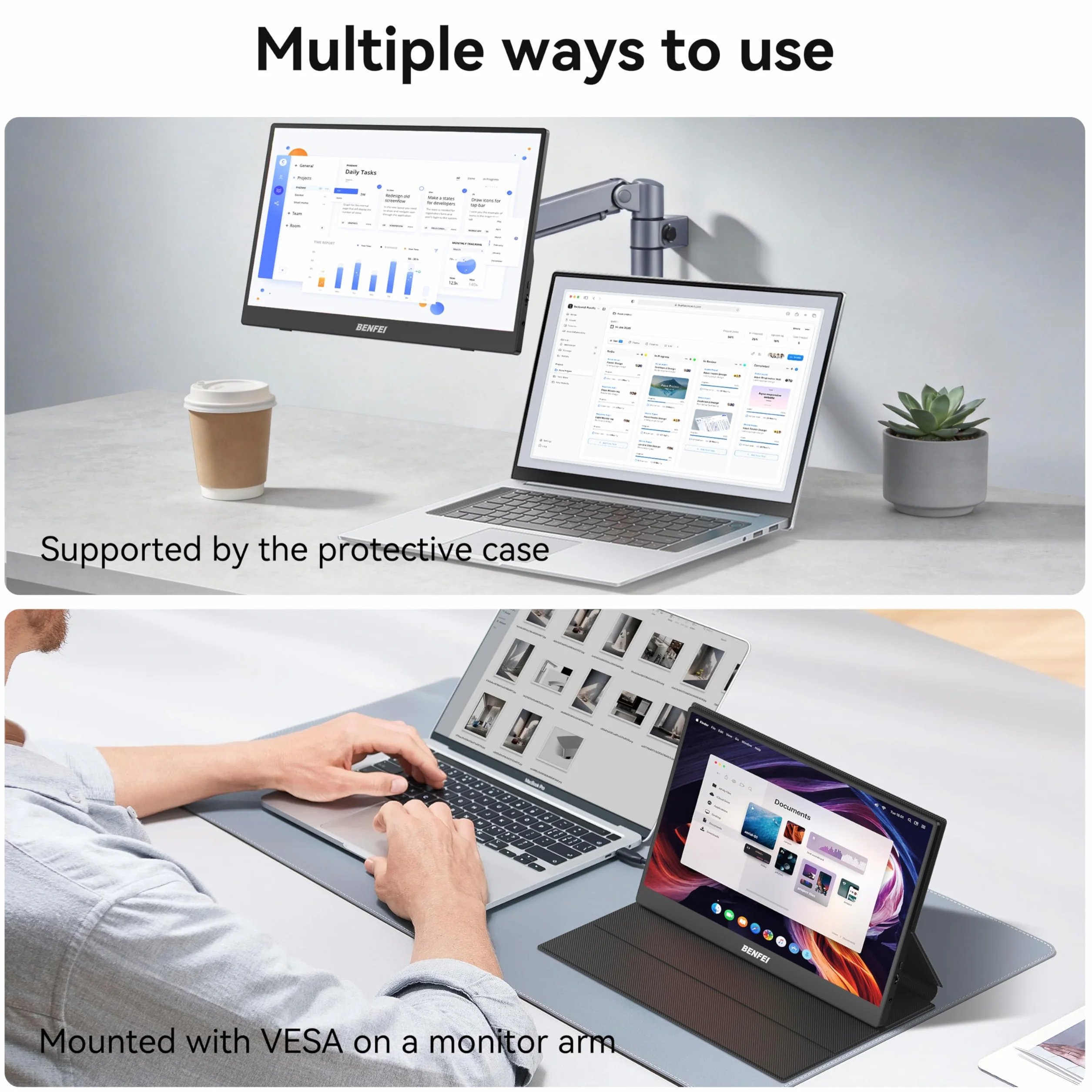BENFEI Przenośny ekran 15,6" FHD 1080P HDMI/USB-C Ultra cienki IPS HDR, inteligentna obudowa + głośnik, Plug & Play do laptopów, komputerów, telefonów, tabletów, PS5/PS4, Xbox, przełączników