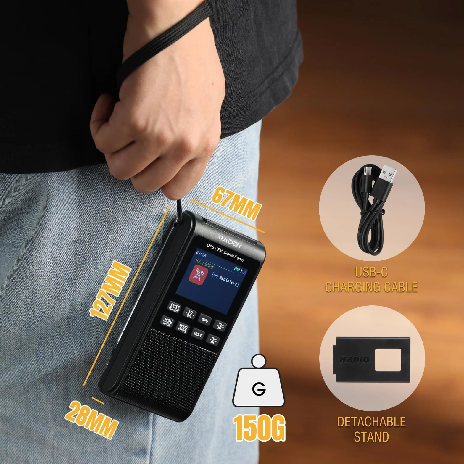 Raddy RD939 przenośne Radio DAB/DAB+ FM, BT 5.3, głośnikiem 5 W, 2-calowym dużym ekranem, 1200 mAh Baterią, Odtwarzaniem TF/USB, automatycznym skanowaniem, gniazdem słuchawkowym
