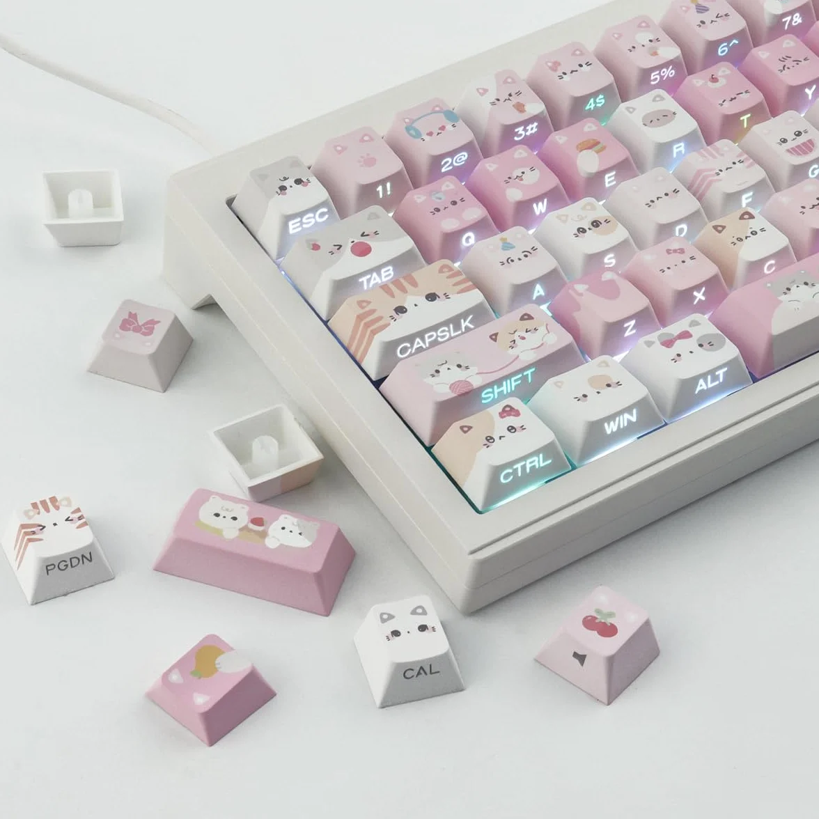 Nasadki klawiszy PBT – zestaw nasadek klawiszy z nadrukiem bocznym, 136 klawiszy Shine Through Meow Squad, niestandardowe nasadki klawiszy z motywem kota, Cherry Profile Keycap do klawiatur