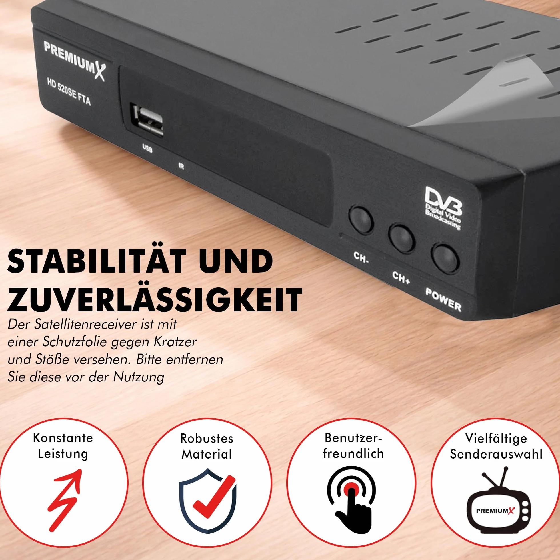 PremiumX odbiornik satelitarny HD 520SE FTA Digital SAT, DVB-S2 FullHD HDMI SCART 2 X USB odtwarzacz multimedialny, Astra Hotbird wstępnie zaprogramowany