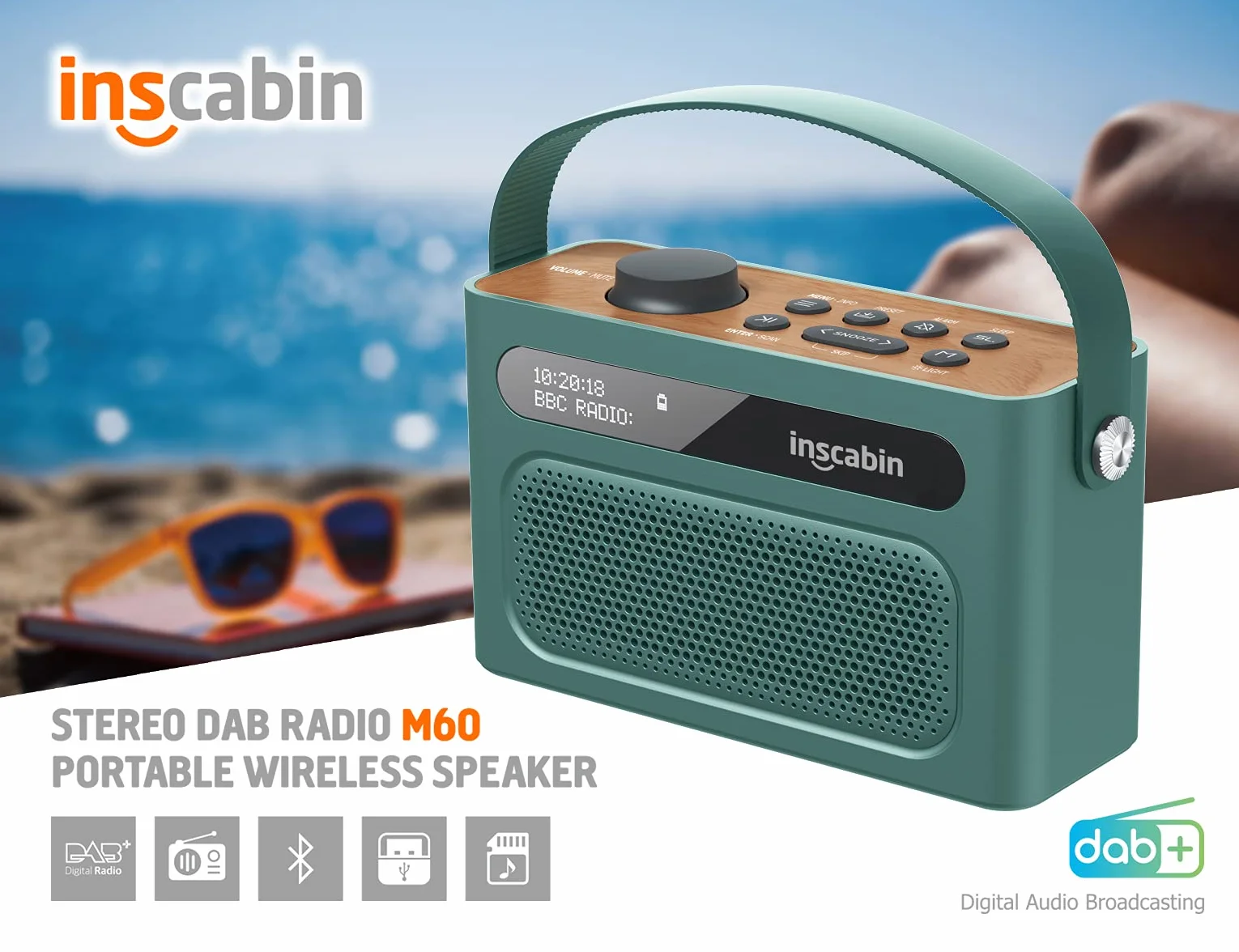 M60 Przenośne radio cyfrowe DAB/DAB+ FM/przenośny głośnik bezprzewodowy z Bluetooth / dźwiękiem stereo, dwoma głośnikami, podwójnym budzikiem, akumulatorem, piękny design, zielony