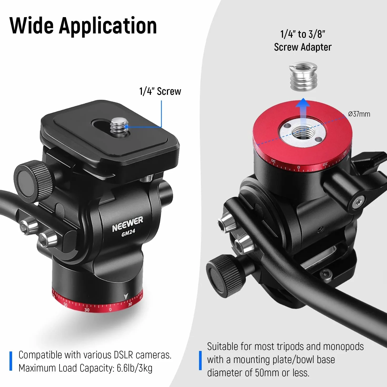 NEEWER Statyw z głowicą fluidową Pan Tilt Head z płytą do szybkiego montażu i uchwytem, metalowa głowica statywu kompatybilna z Arca Swiss do kompaktowych kamer wideo DSLR, obciążenie do 3 kg, GM24