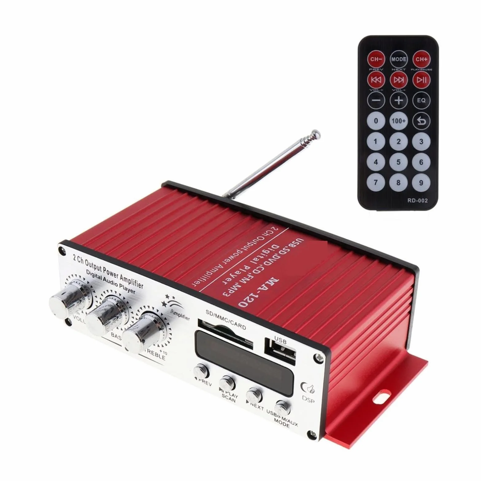 Wzmacniacz samochodowy HiFi 2-kanałowy wzmacniacz mocy wyjściowej Radio FM Odtwarzacz stereo Obsługa wejścia USB SD DVD MP3 z pilotem Precyzyjna kontrola poziomu