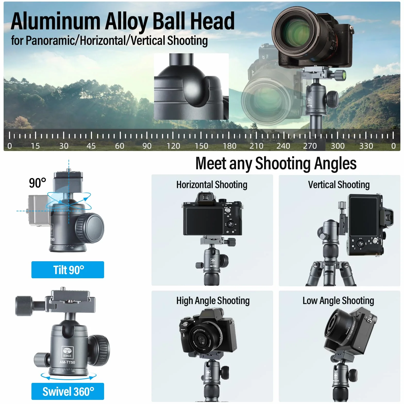 SIRUI Kompaktowy mini statyw biurkowy, 50.8 cm aluminiowy przenośny mały statyw stołowy z głowicą kulową 360° do telefonu z aparatem DSLR, ładowany do 10 kg, uchwyt na telefon w zestawie, AM-TT50