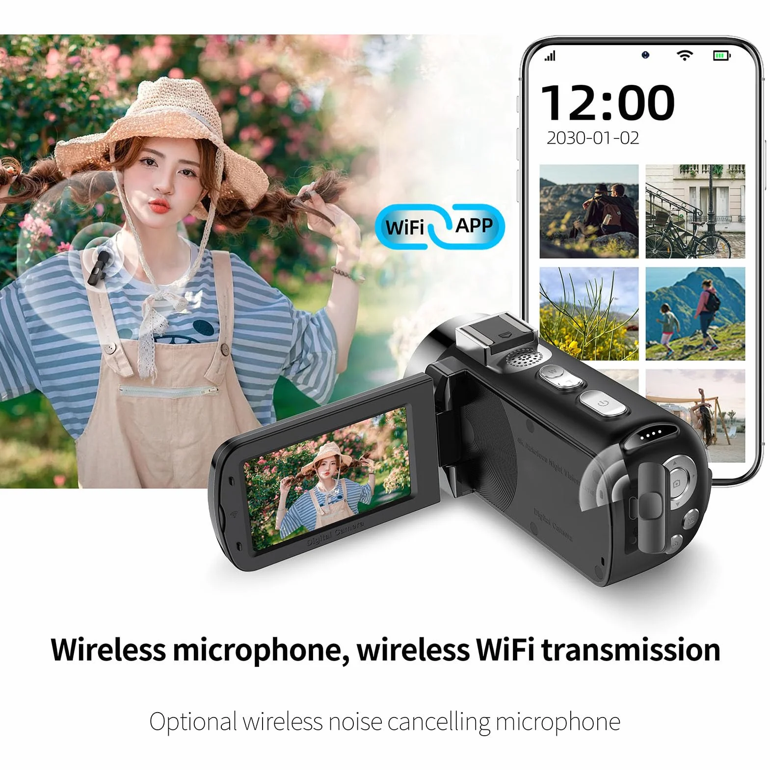 Kamera Wideo, 4K 64MP Ultra HD Kamera, 3 -calowy Ekran Flip WiFi Vlogging Rejestrator z 28x Cyfrowy Zoom, IR Nocne Widzenie, Bateria 4800 MAh dla YouTube