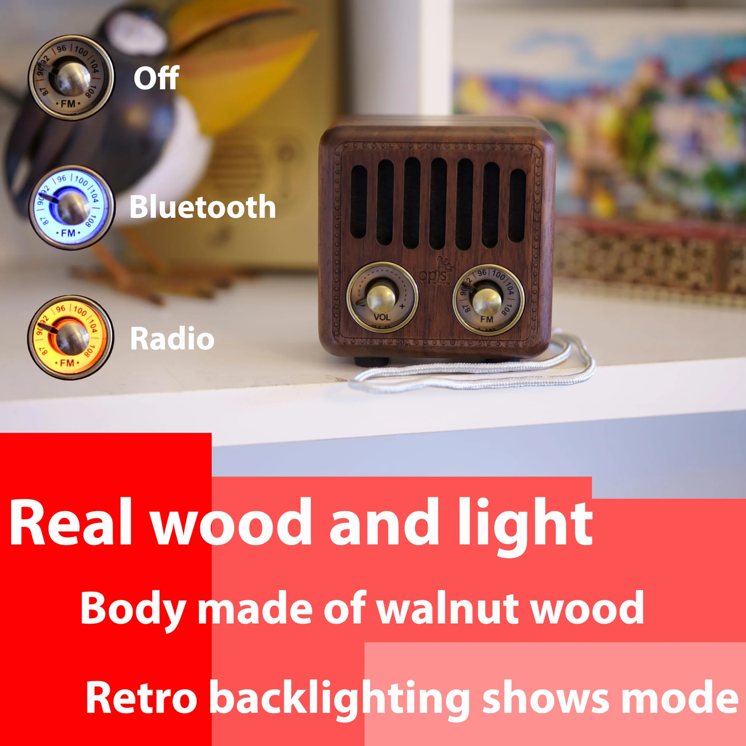 Opis Radio 2 – Mały drewniany głośnik retro bluetooth i radio UHF (orzech włoski)