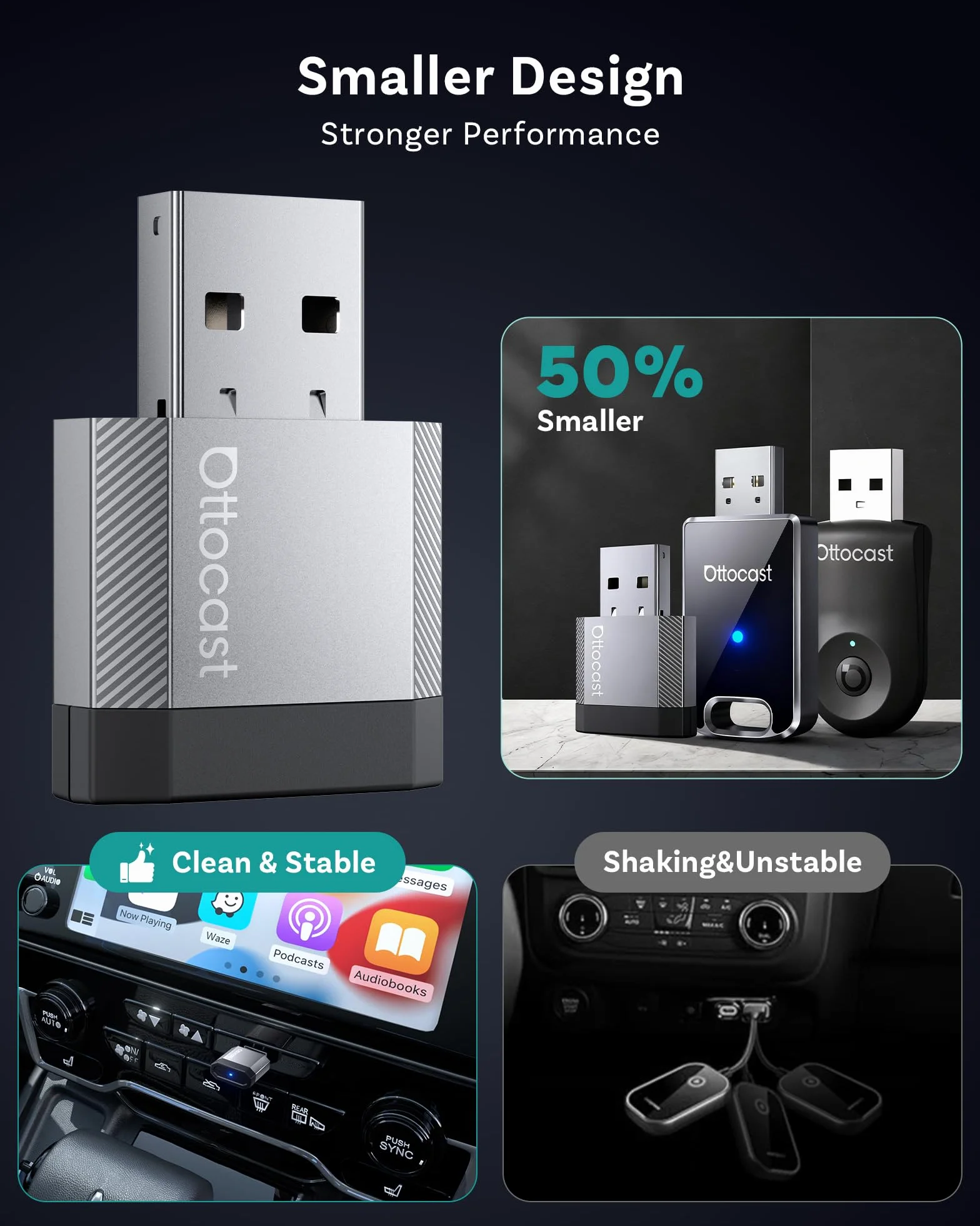 Ottocast Mini Nova Bezprzewodowy Adapter CarPlay Android Auto USB Plug Play Automatyczne Połączenie Aluminiowa Konstrukcja