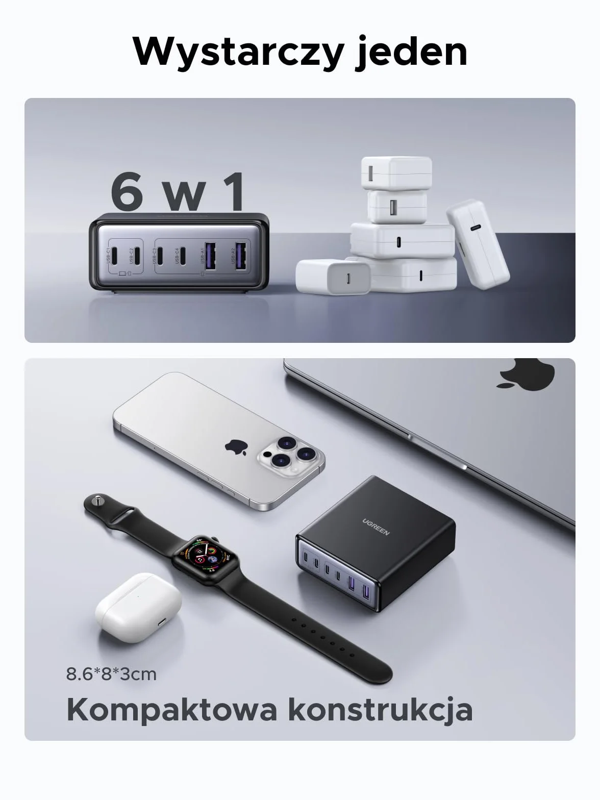 Ładowarka USB-C UGREEN 100 W, 6-portowa stacja ładująca, zasilacz GaN 65 W, szybka ładowarka PPS, uniwersalna, kompatybilna z MacBookiem Pro/Air, serią iPhone 17-8, Galaxy S25, A15, Pixel 9, iPad