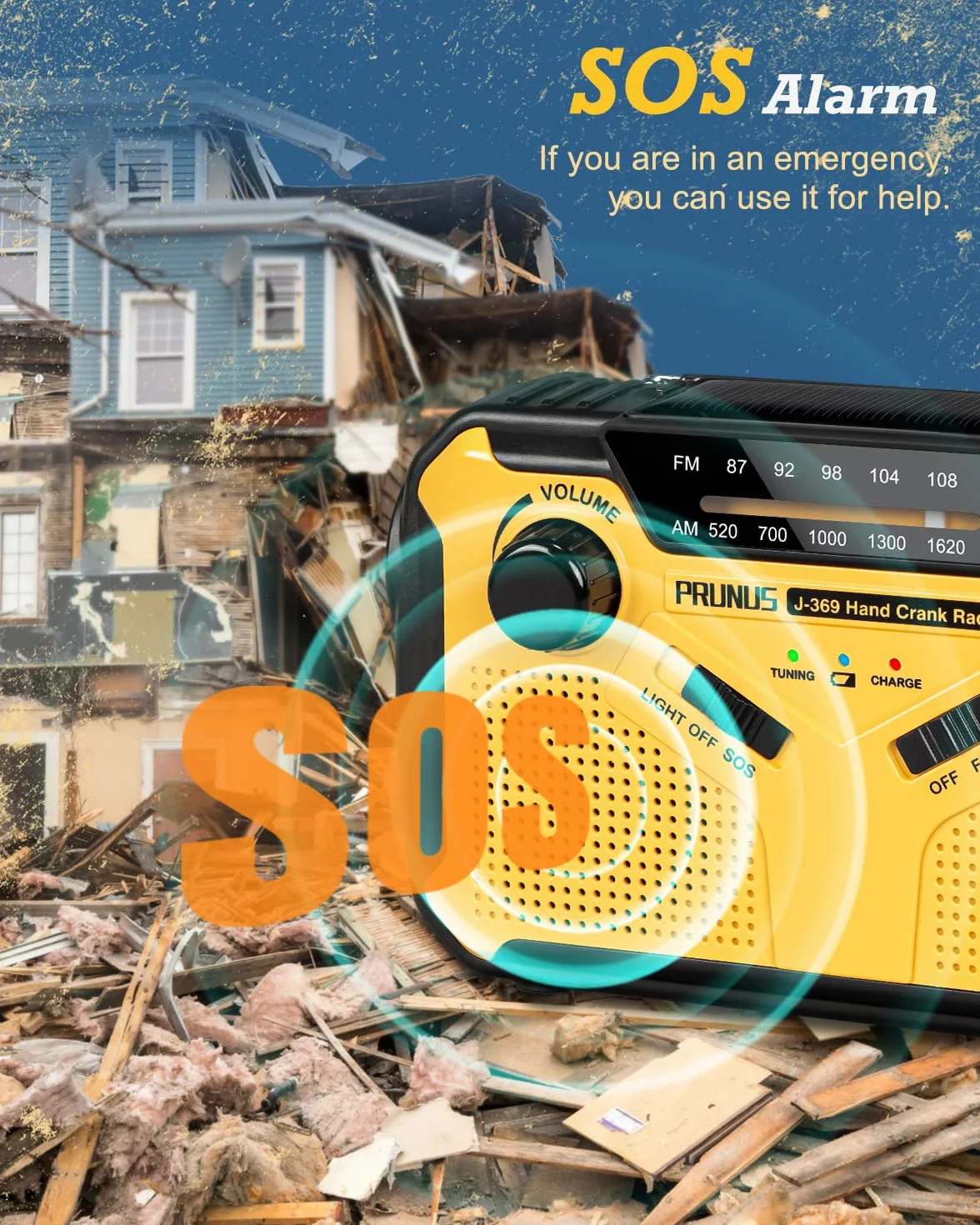 Radio z nakręcanym mechanizmem, PRUNUS J-369 Sprzęt survivalowy, przenośne radia AM/FM, radio zasilane baterią z powerbankiem o pojemności 3000 mAh, radia solarne z latarką, lampką do czytania i alarm