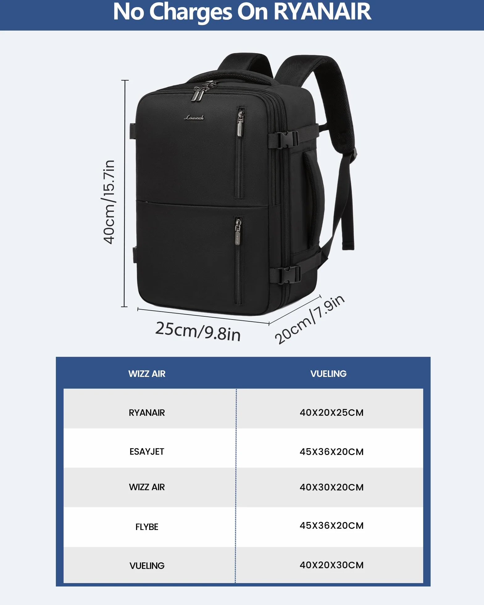 LOVEVOOK Ryanair Torby kabinowe 40 x 20 x 25 cm, podręczny, plecak podróżny, 20 l, torba do samolotu, lekka, mała torba marynarska, rozmiar kabiny do Eurowings Wizz Air Easyjet Fligh